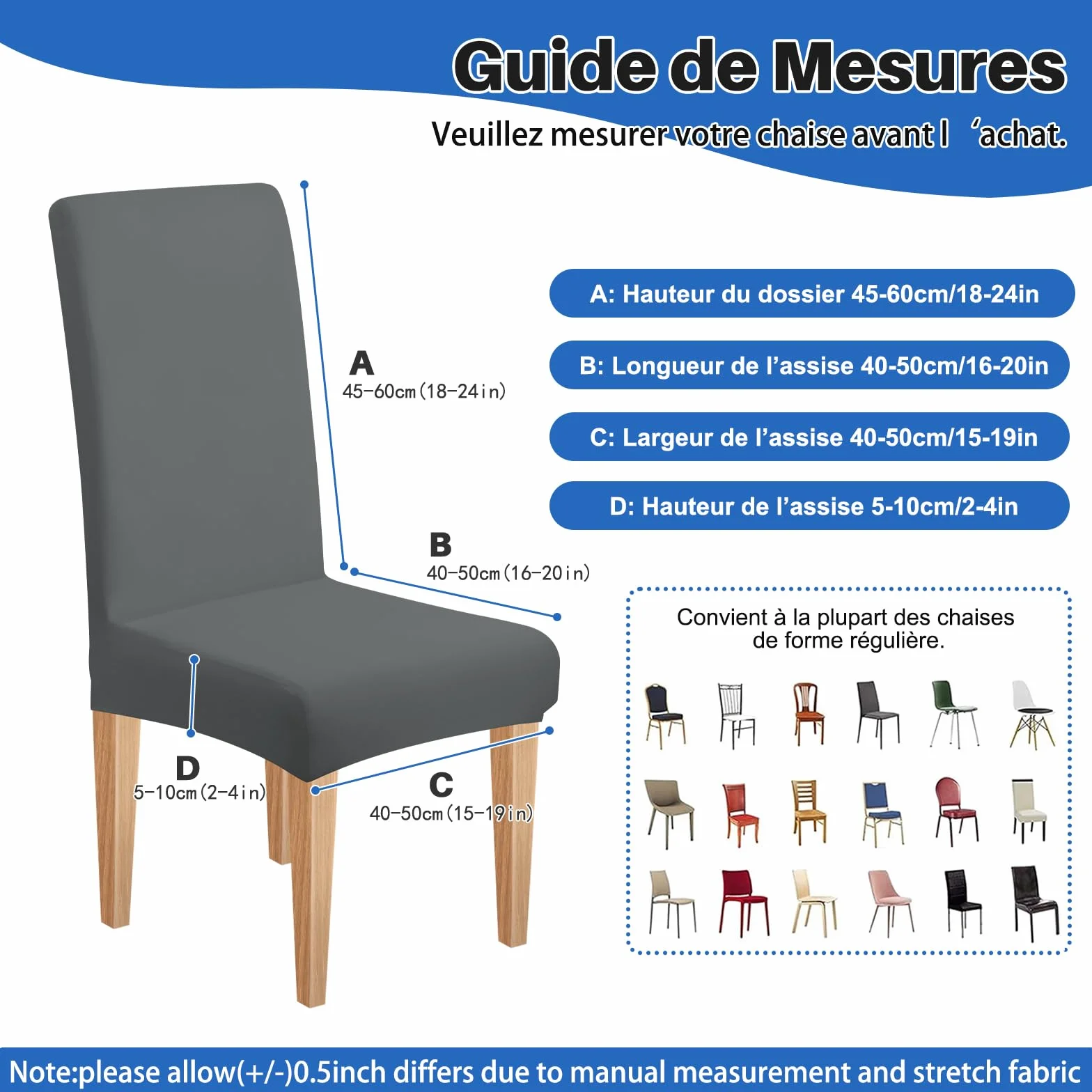 Housse de Chaise Extensible 4 Pièces Amovible Lavable Gris pour Salle à Manger Hôtel