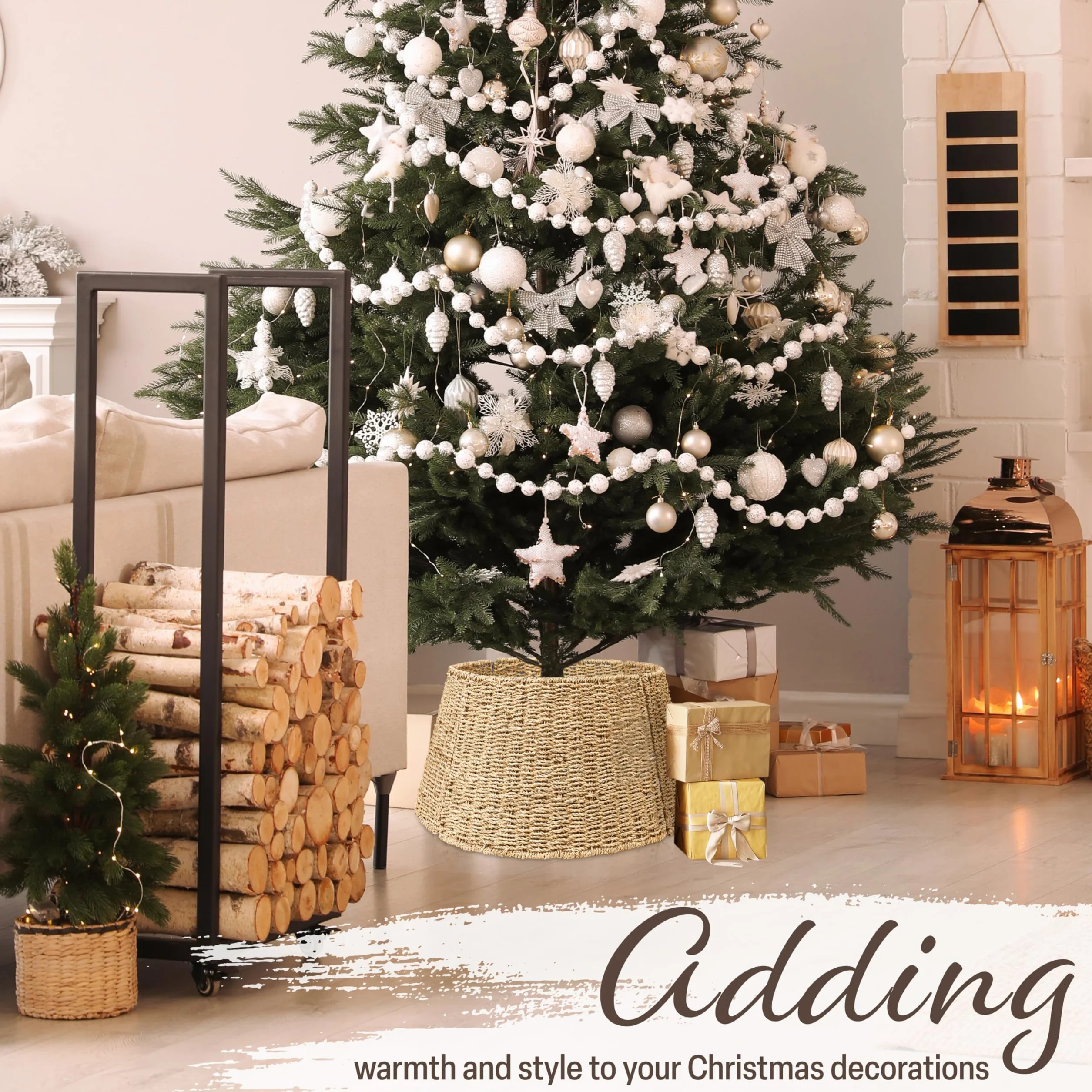 Jupe de Sapin de Noël Tressé DECO EXPRESS, Cache-Pied Sapin Noël 51x25 cm Beige