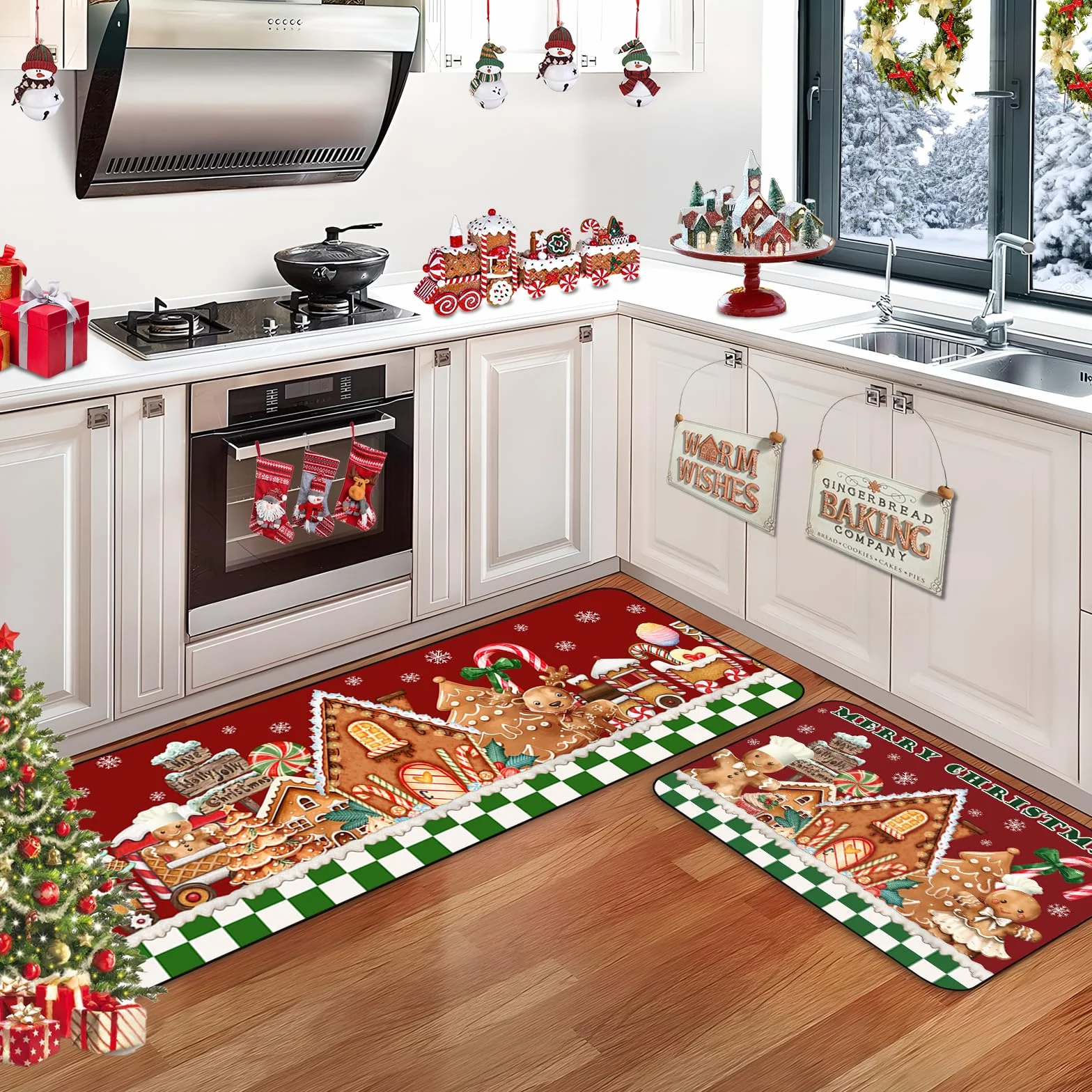 AIBIIN Tapis de cuisine Noël antidérapant caoutchouc bonhomme pain d'épices 40x60 40x120 cm 2 pièces