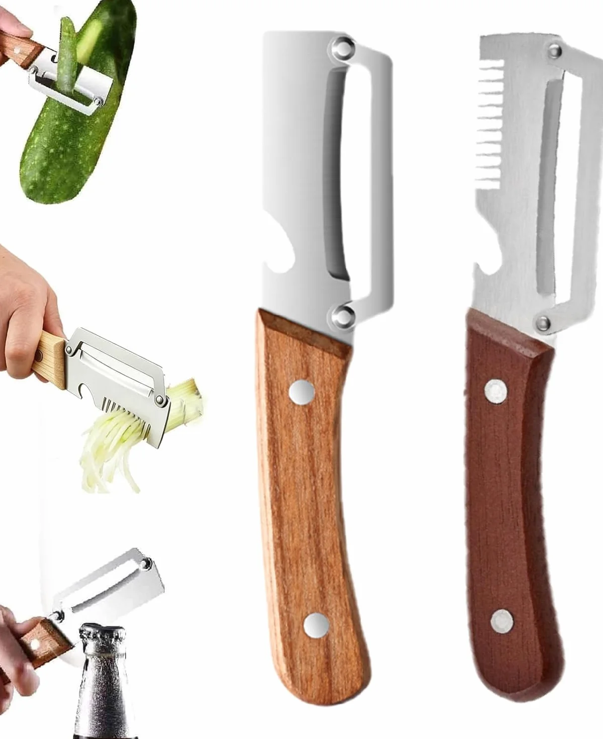 Éplucheur Multifonction 3 en 1 Acier Inoxydable avec Manche en Bois, Coupe-Légumes et Ouvre-Bouteille