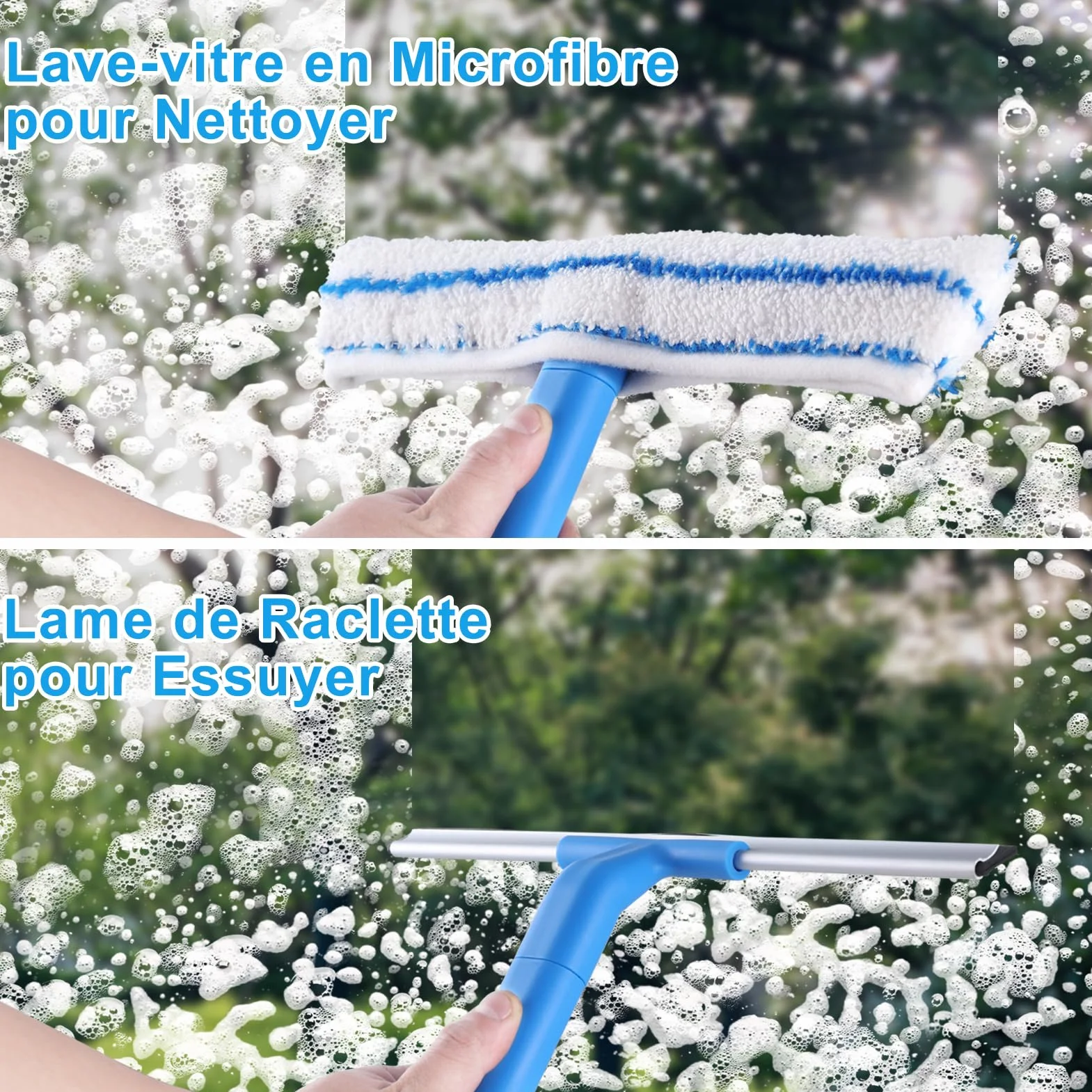 Raclette à Vitres Télescopique 146cm, Nettoyeur Vitre Silicone Brosse Microfibres, Kit Nettoyage Professionnel Fenêtres Voiture