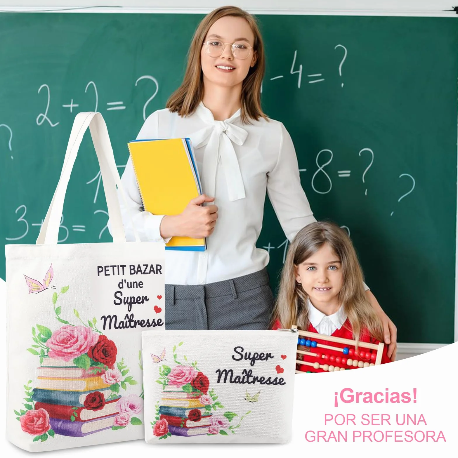 Cadeau Maîtresse d'École Fin d'Année avec Tote Bag Sac de Papeterie Boîte Cadeau Personnalisé