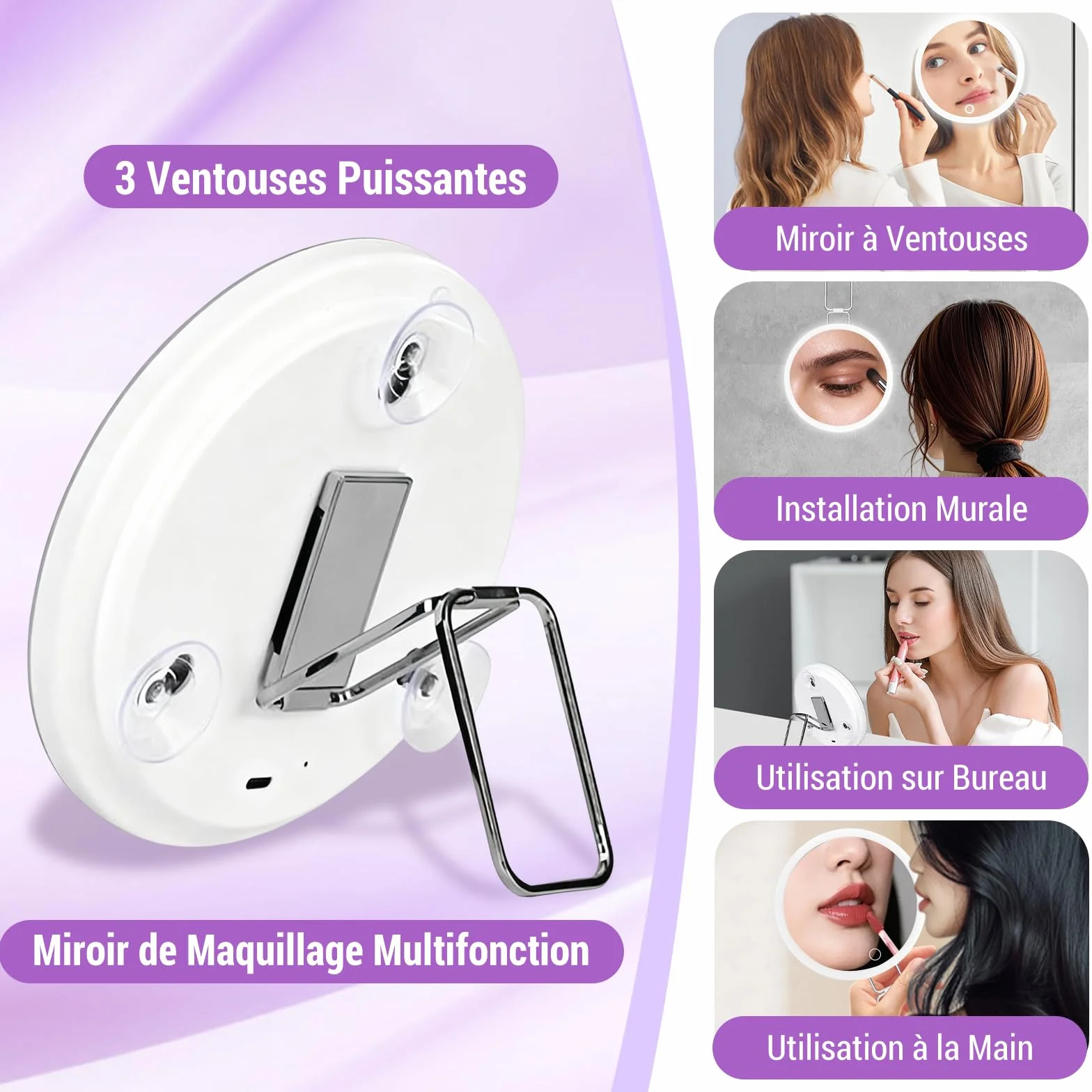 Miroir Grossissant Lumineux 40X Grand Miroir de Maquillage Tricolore Réglable Support Rotatif 360° LED Portable 3 Ventouses