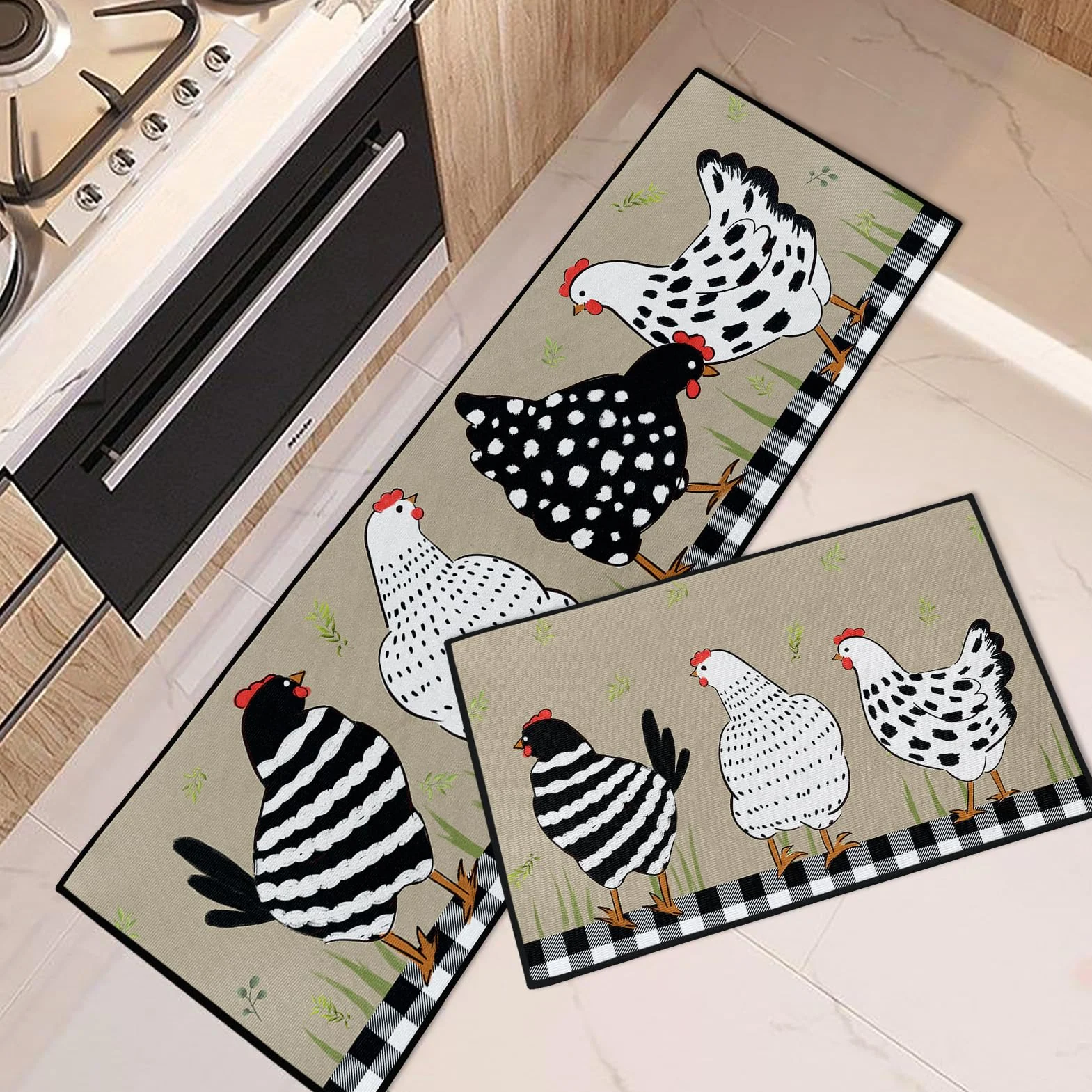 Lot de 2 tapis de cuisine antidérapants lavables motif coq 39,9x59,7 cm et 39,9x119,6 cm noir et blanc