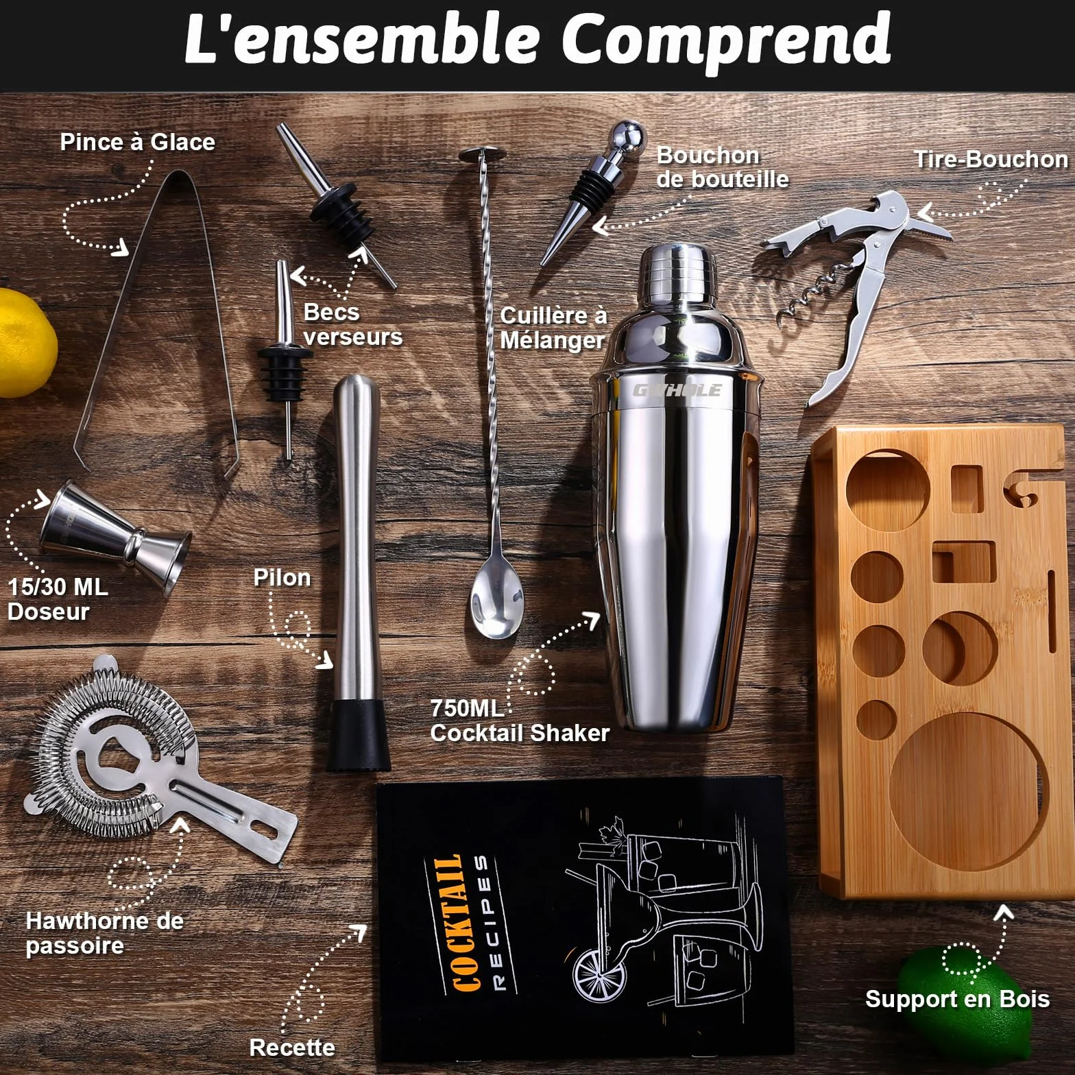 Kit Shaker à Cocktail en Acier Inoxydable GWHOLE avec Support Bois et Recette