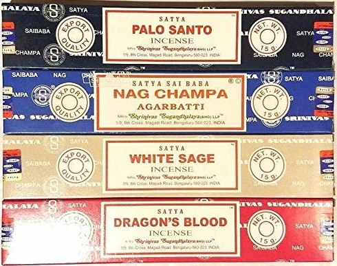 Lot de 4 boîtes d'encens Nag Champa, Palo Santo, Dragon, Sauge Blanche