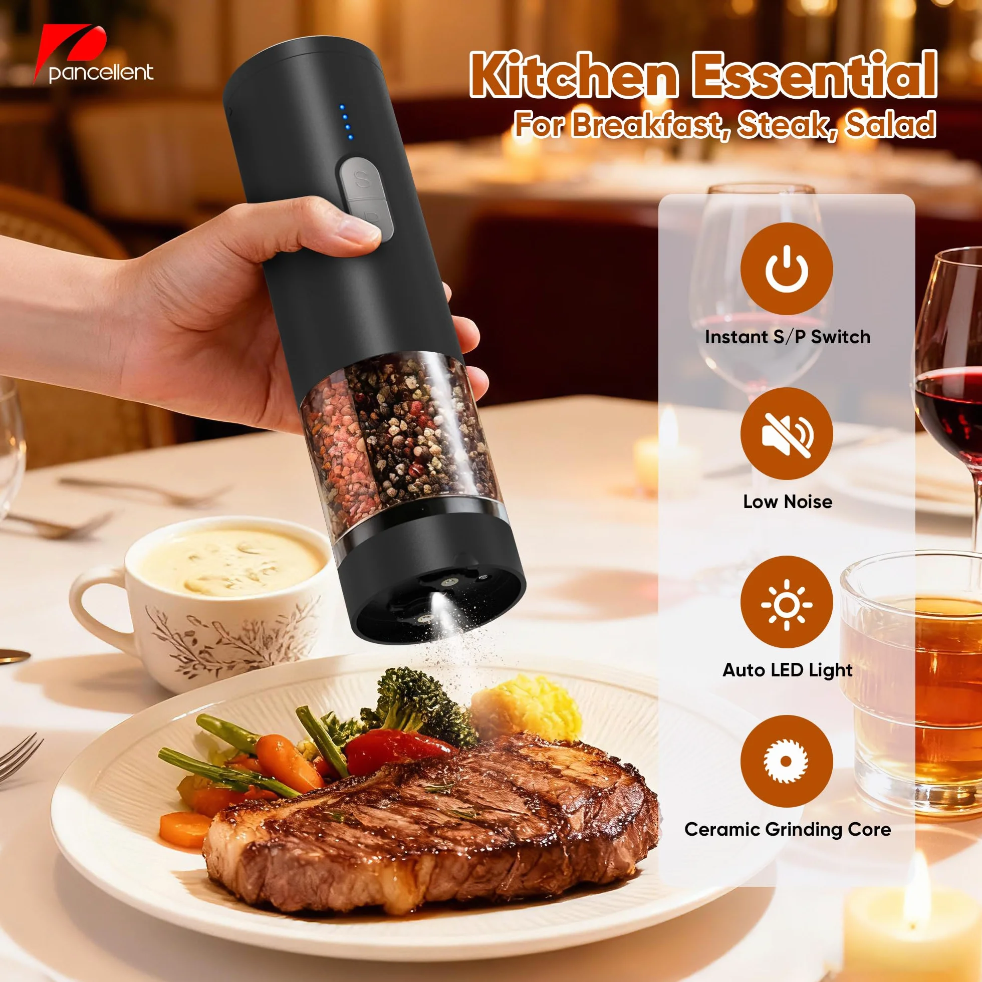 Moulin à poivre et sel électrique 2 en 1 rechargeable USB, automatique avec éclairage LED, réglable