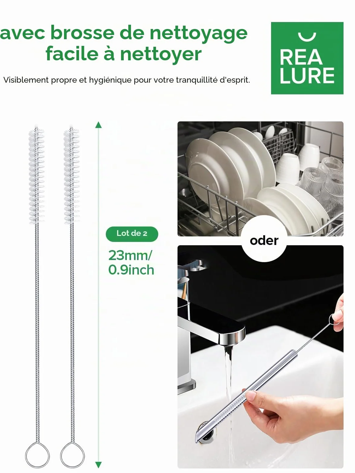 Realure Lot de 4 Pailles en Verre Transparente 14mm 21.5cm pour Bubble Tea Smoothie Cocktail