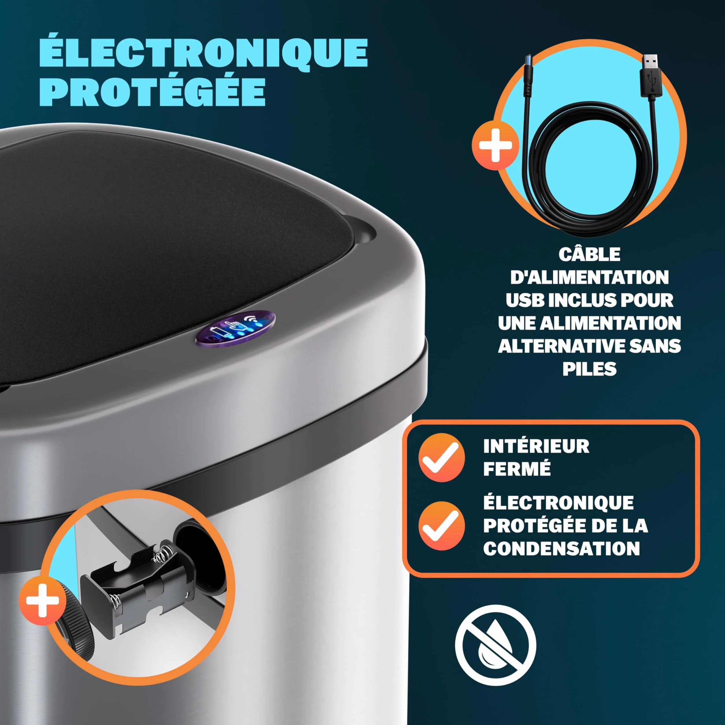 Monzana Poubelle automatique acier inoxydable 58 L capteur de mouvement USB argent