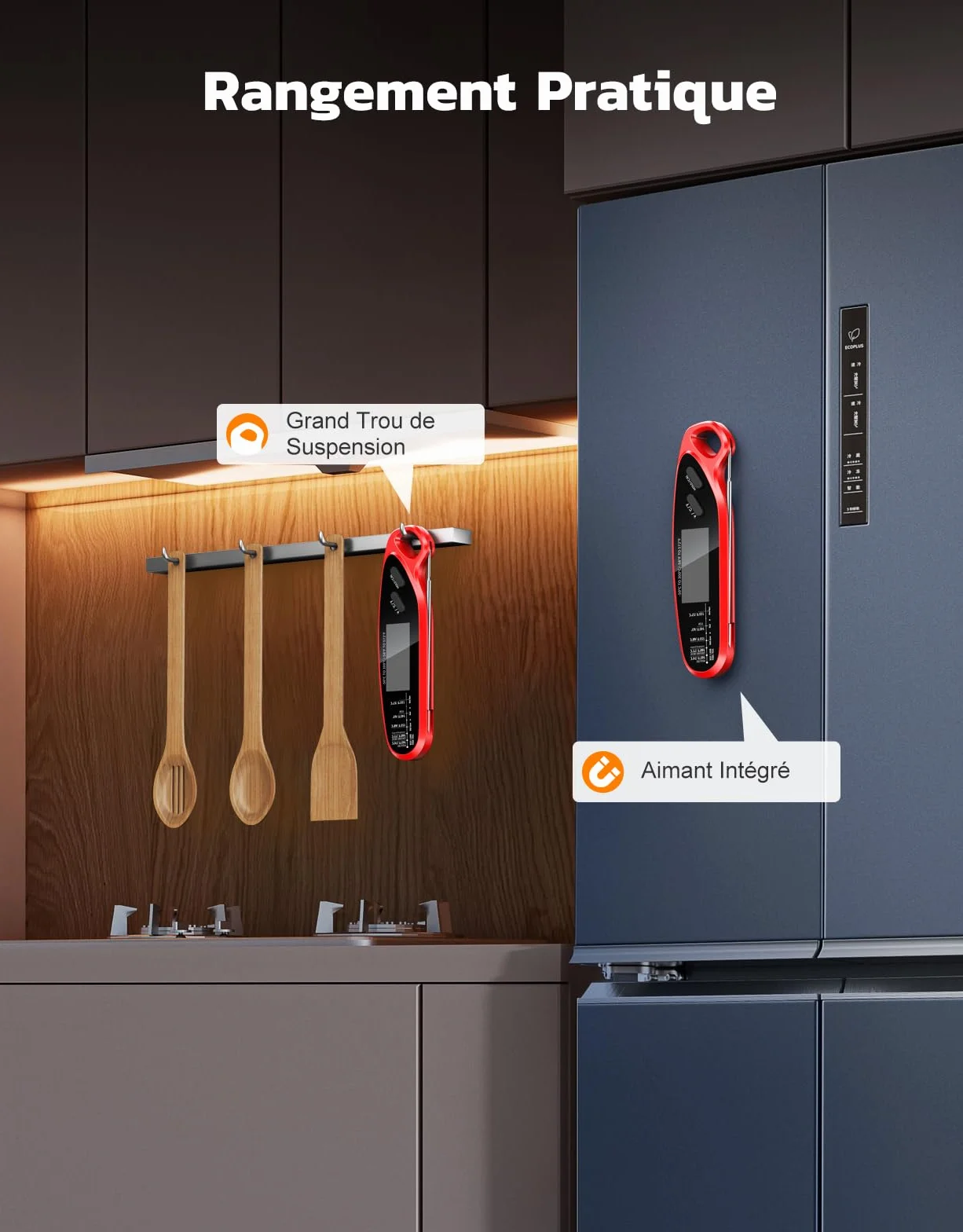 Thermomètre Cuisine Double Sondes Pliables 3s Lecture Instantané Digital Rétroéclairage LCD Calibration Cuisson Ustensile Four BBQ Fumoir