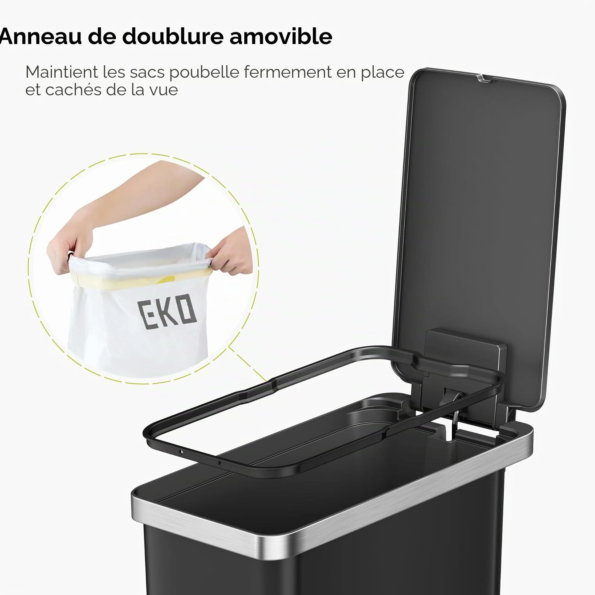 Poubelle de cuisine EKO Hana à pédale fermeture douce couvercle ouvert noir