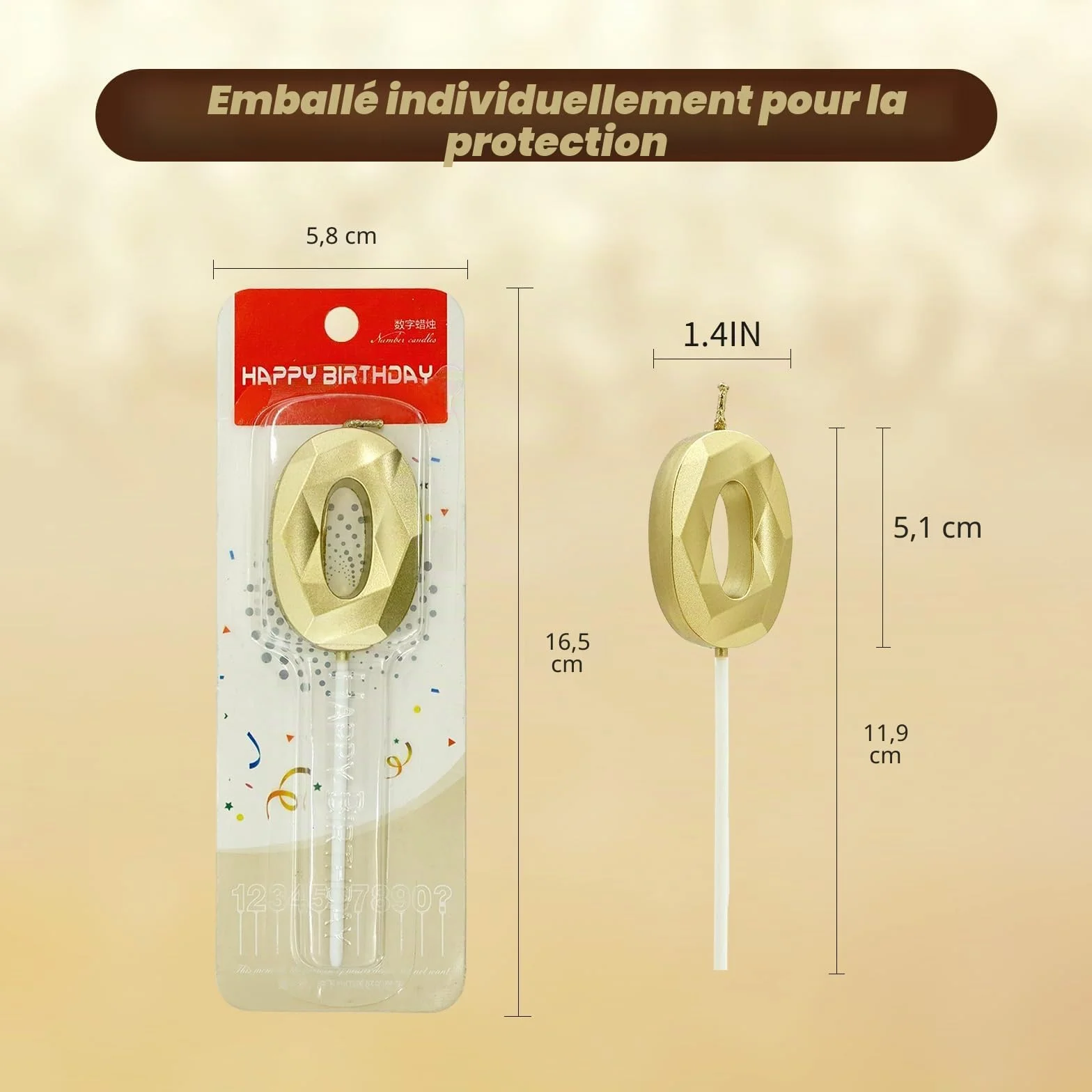 Bougies d'anniversaire Chiffres 3D Bougie Numéro 10 Dorées pour Gâteau