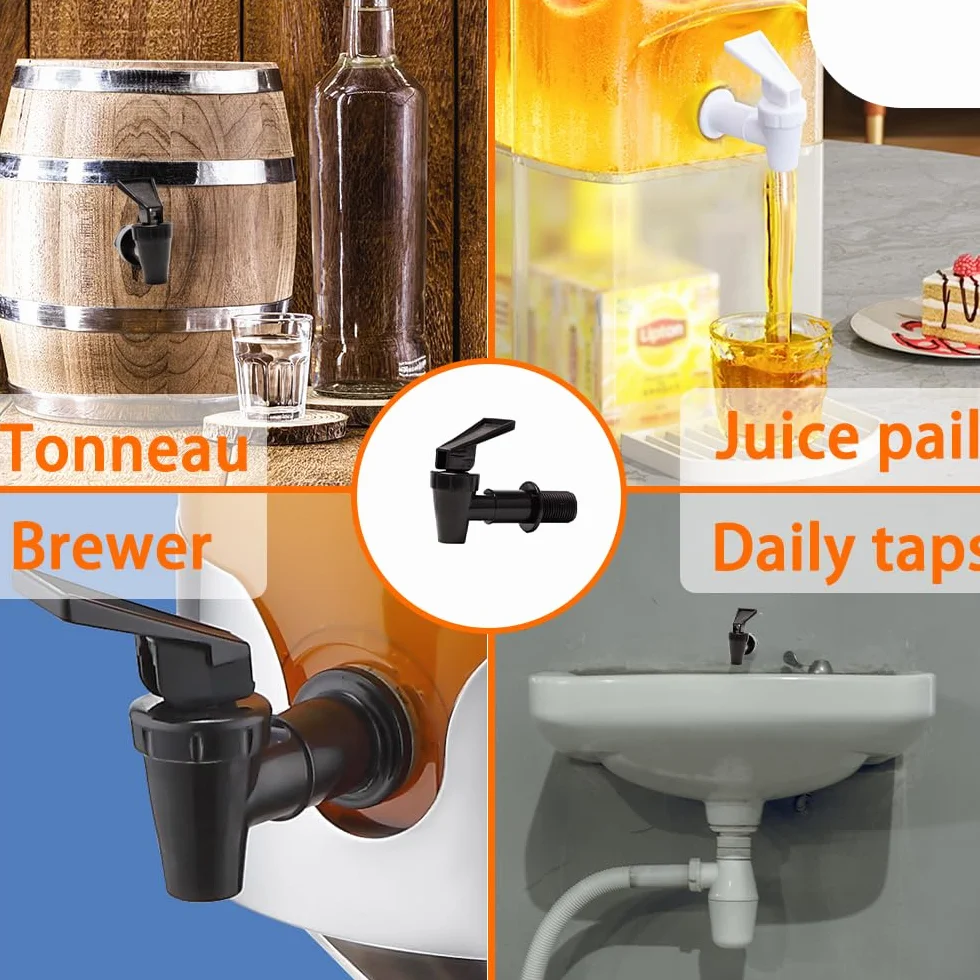 Robinet Distributeur de Boissons en Plastique 8 Pièces Robinet de Rechange pour Tonneau à Bière, Jus, Fontaine à Boire (Noir, Blanc)