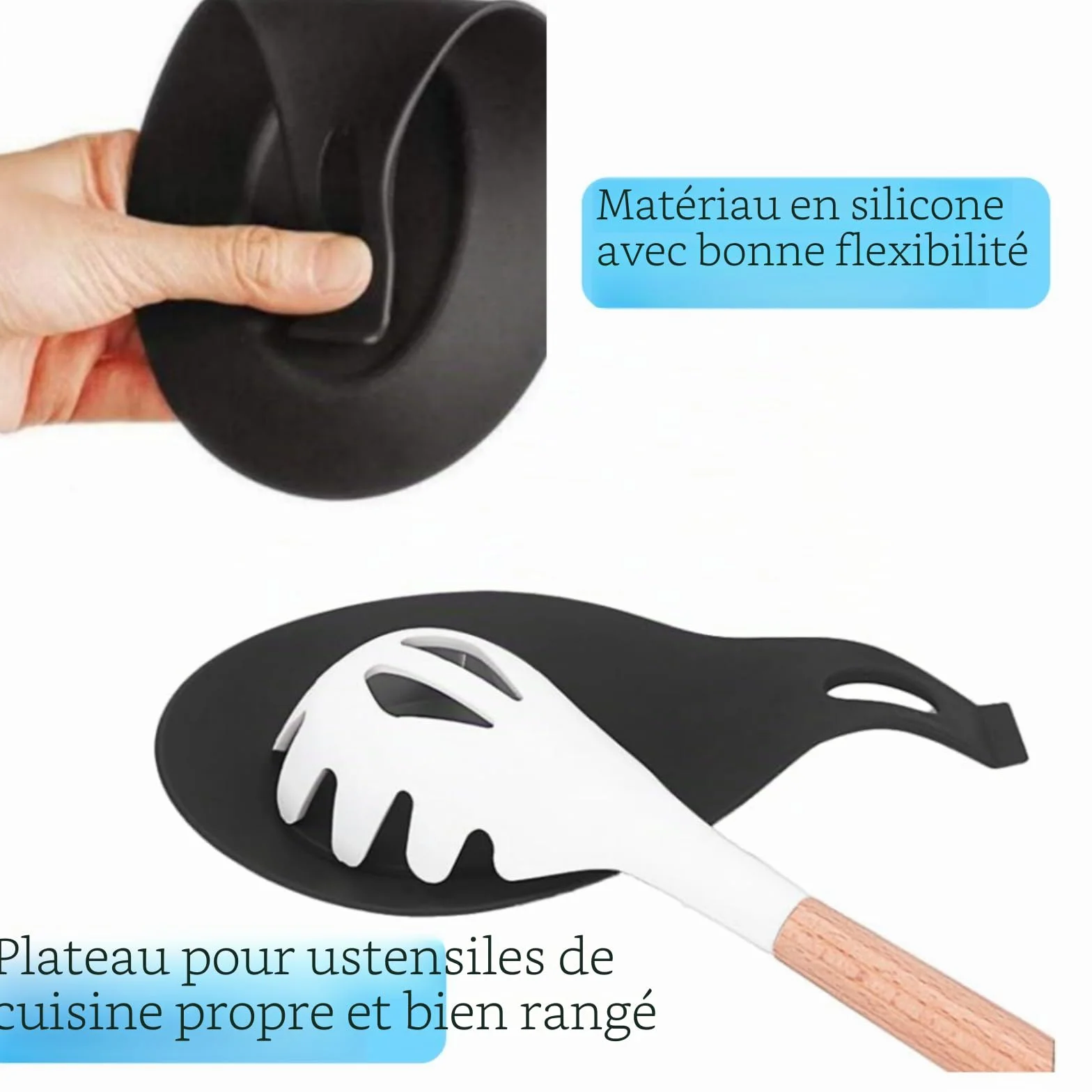 Repose Cuillère en Silicone, Porte Cuillère de Cuisine, Résistant à la Chaleur, pour Louches et Ustensiles (Noir)
