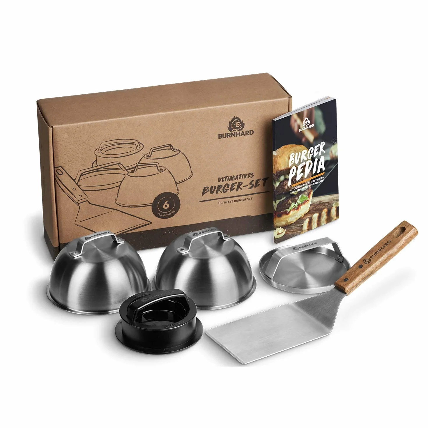 BURNHARD Kit pour Burgers 6 pièces, Moule à Steak antiadhésif, Presse à Burger, Cloches INOX