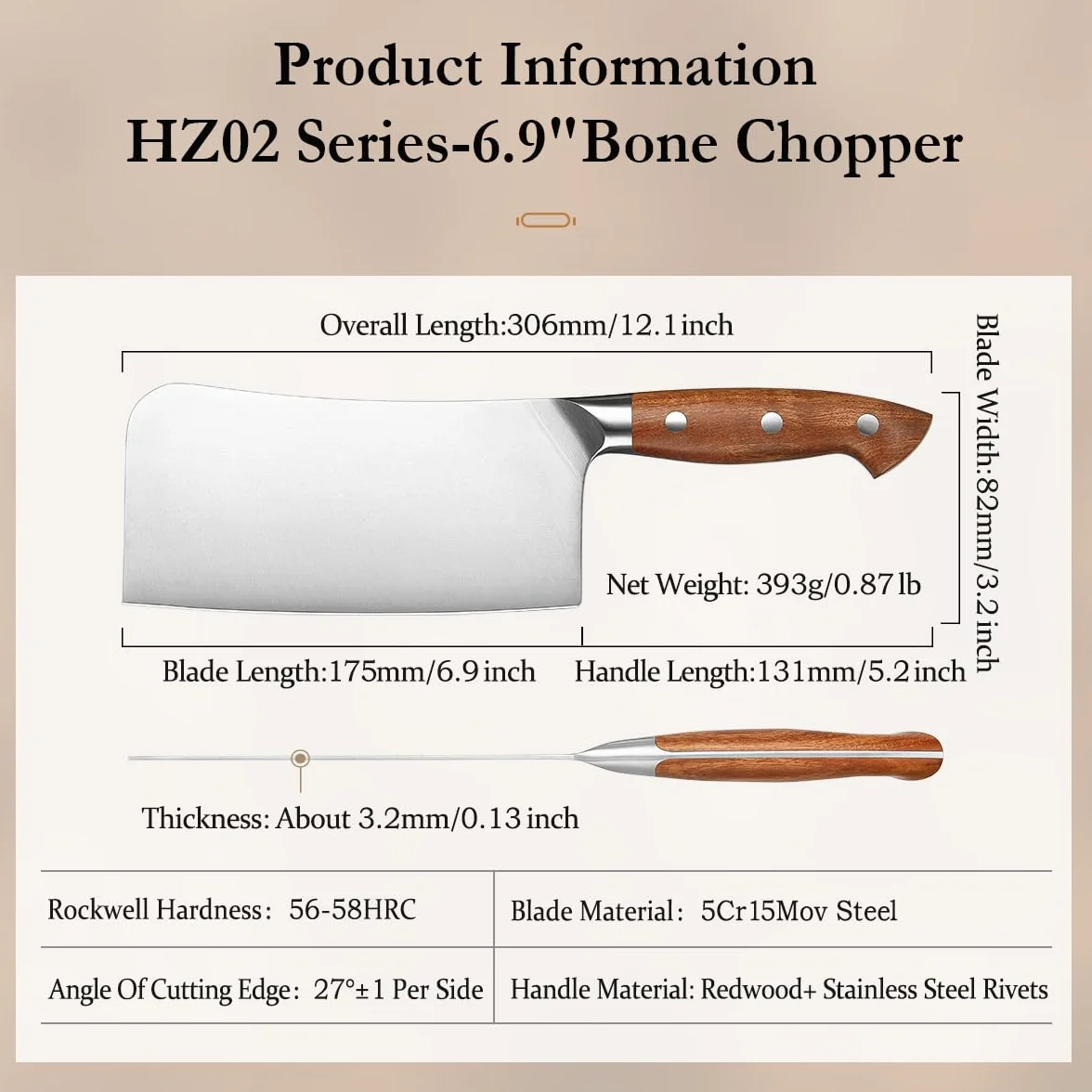 HEZHEN Couteau à Hacher Chinois, Couperet à Viande, Manche en Redwood