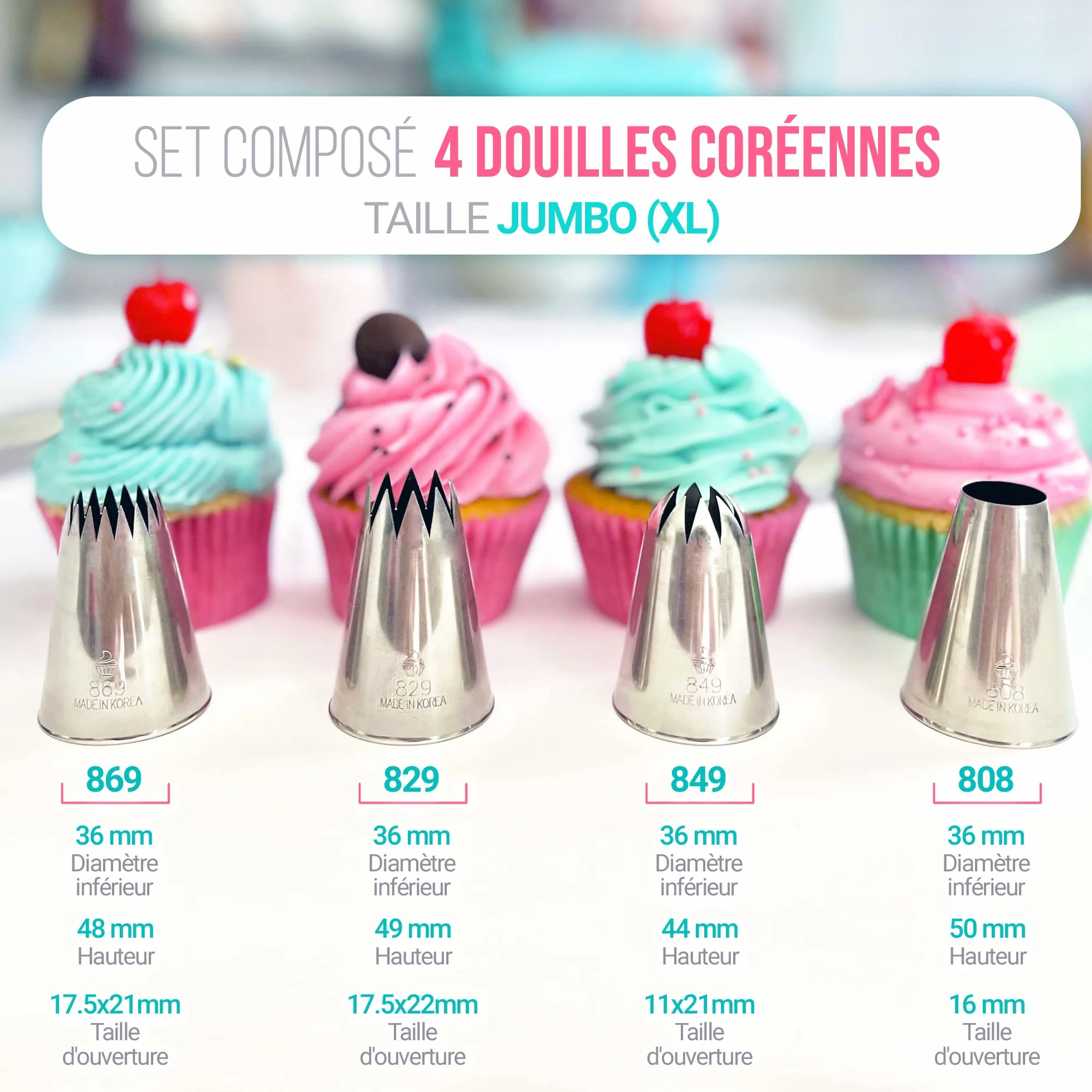 Jeu de 4 grandes douilles à pâtisserie professionnelles pour décorer gâteaux et cupcakes - Compatible poche à douille - Made in Korea