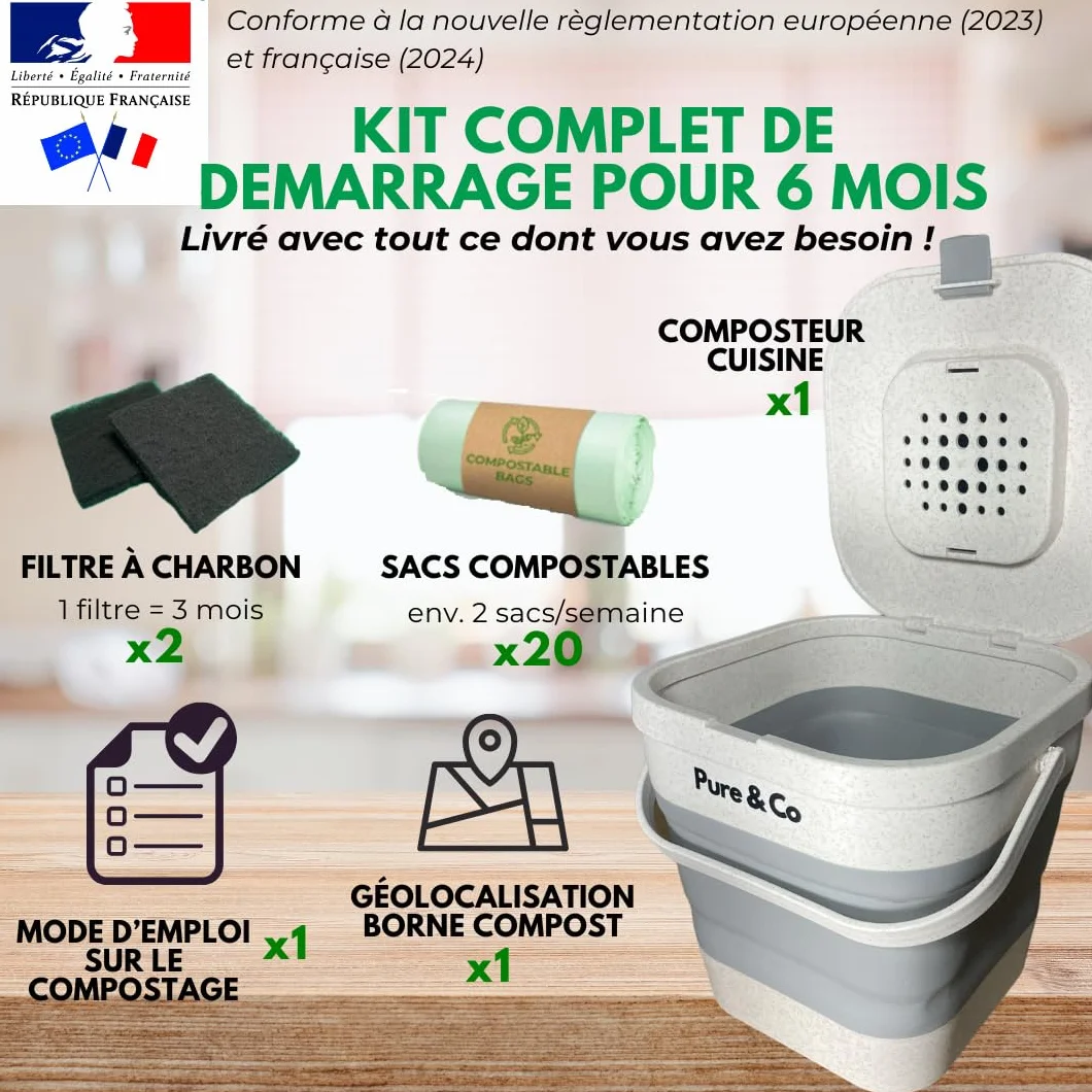 Pure&Co Composteur Cuisine Pliable 4L Poubelle Compost Anti Odeur Bioseau