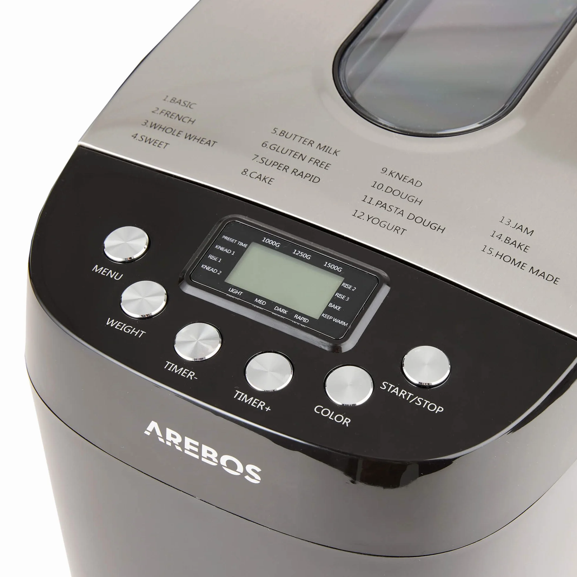Arebos Machine à pain 1500 g 850 W Noir 15 programmes 2 crochets de pétrissage