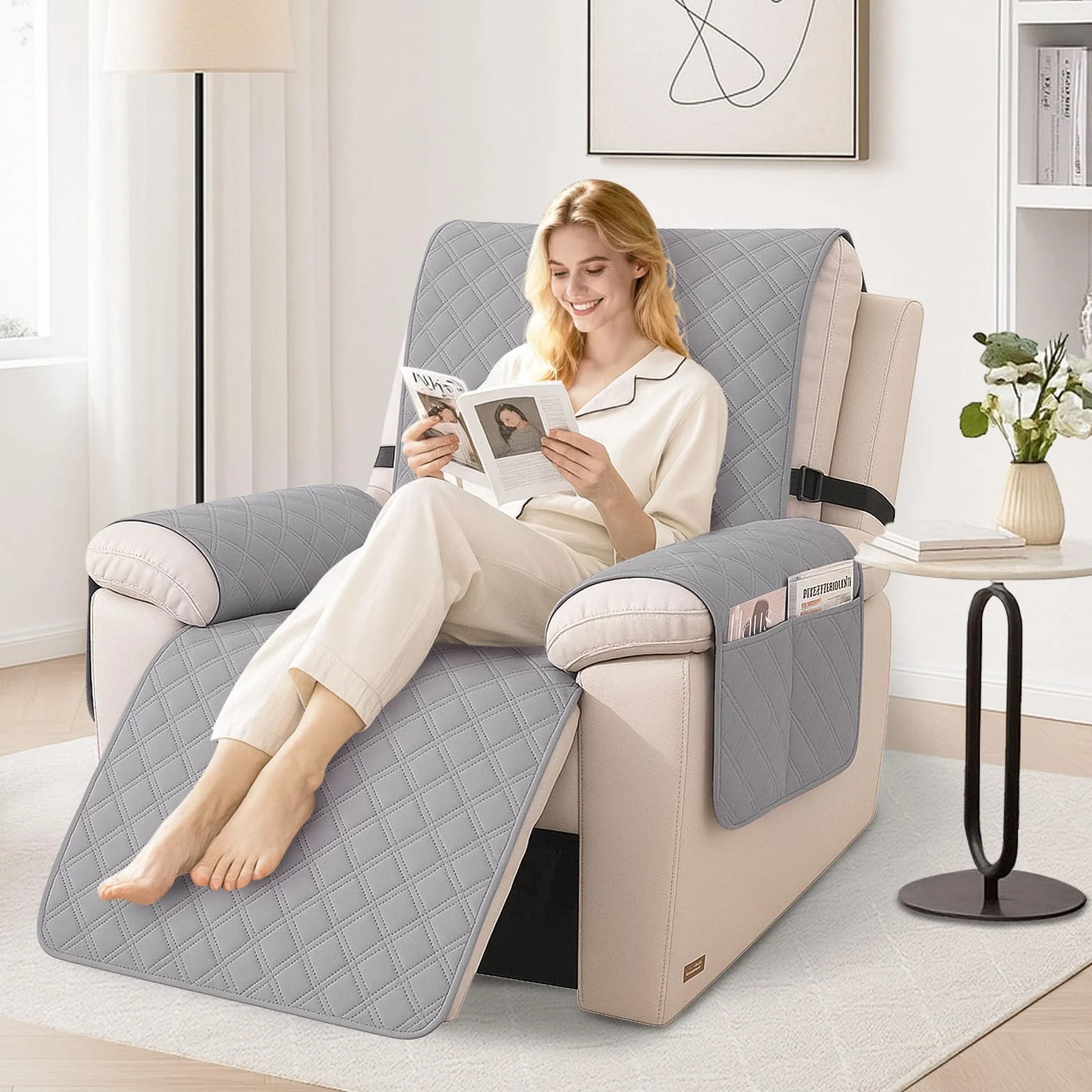 Housse Fauteuil Relax 1 Place Étanche Inclinable Antidérapant avec Poches Latérales Lavable Gris Clair