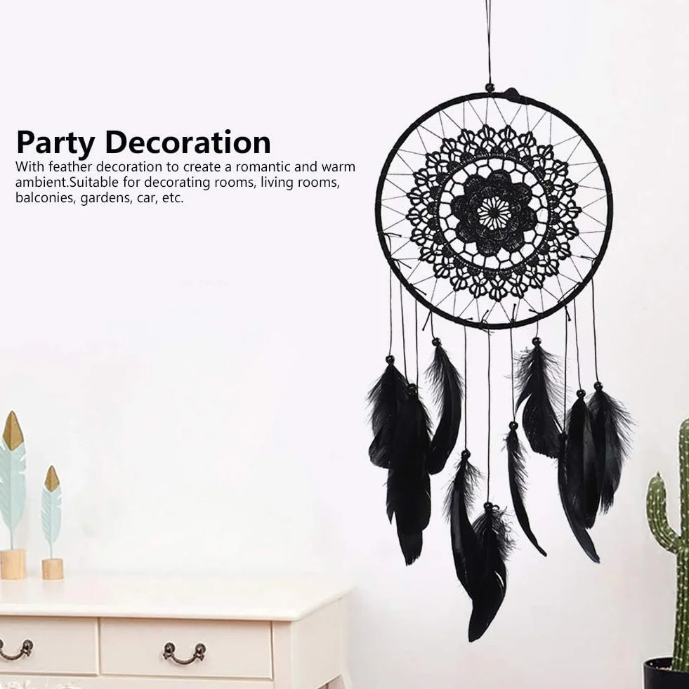 Dreamcatcher Noir Plumes Ornement Murale Décoration Chambre