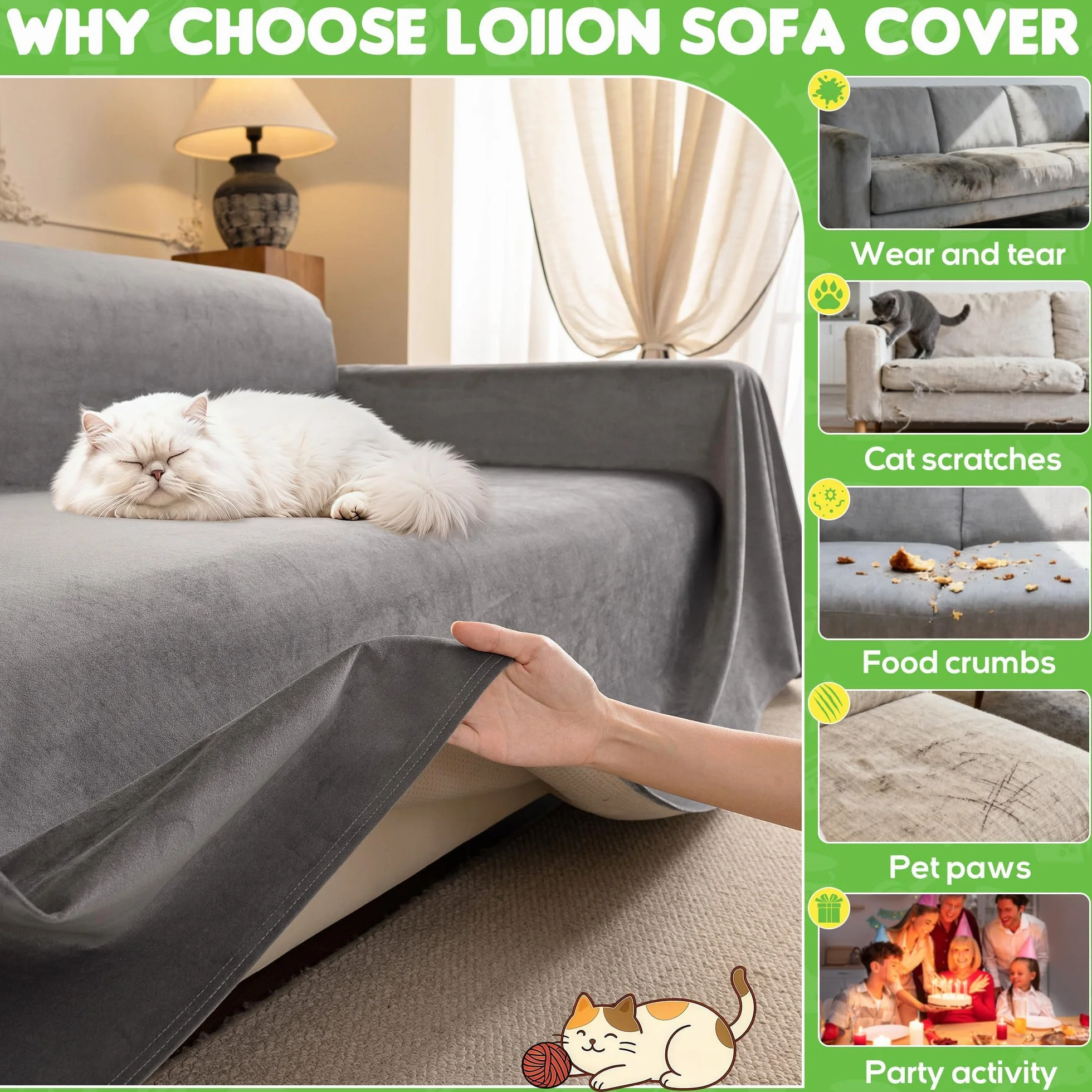Loiion Protection Canapé Chat Anti Griffe Couvre Canapé 3 Place Impermeable Antidérapante Gris 340x180cm