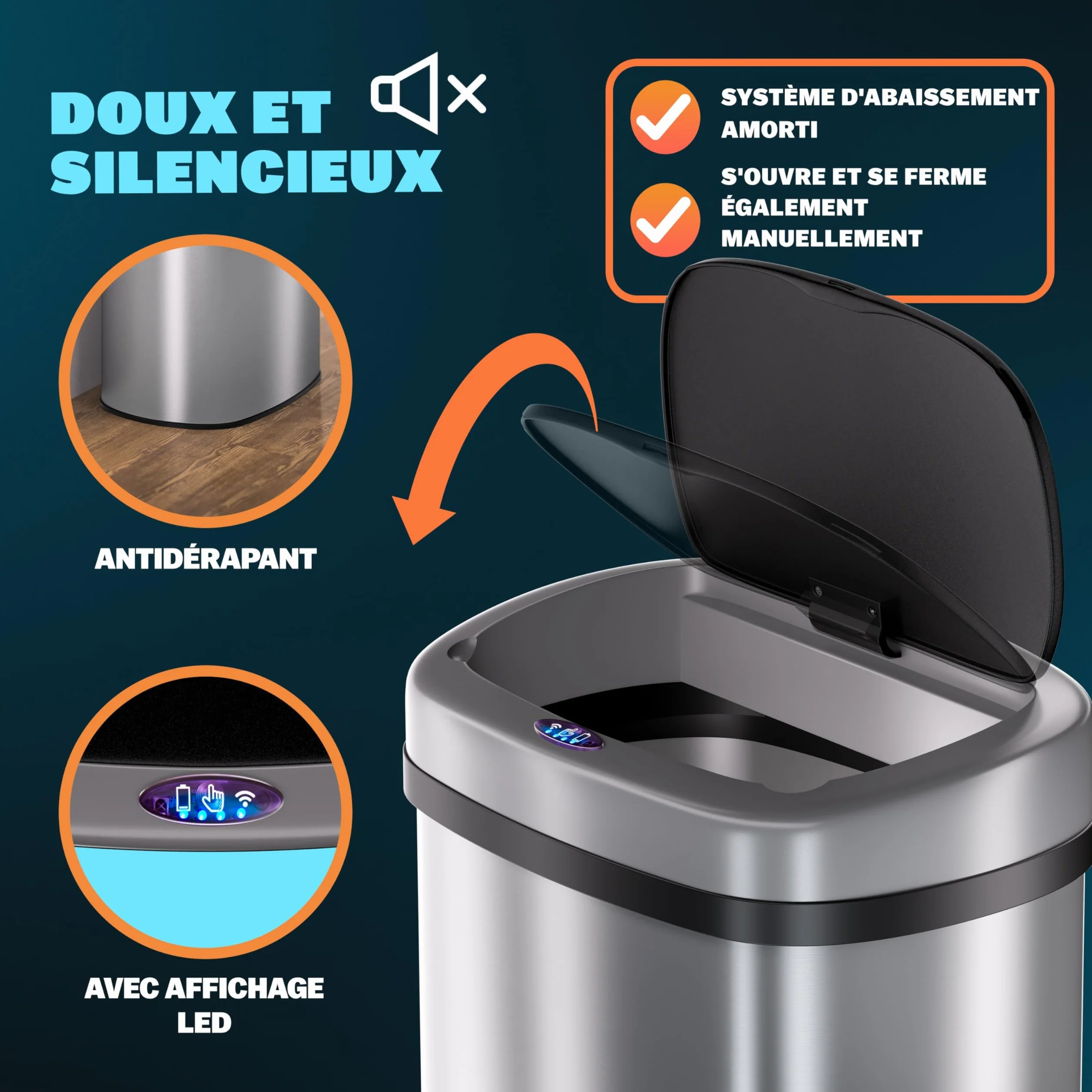 Monzana Poubelle automatique acier inoxydable 58 L capteur de mouvement USB argent