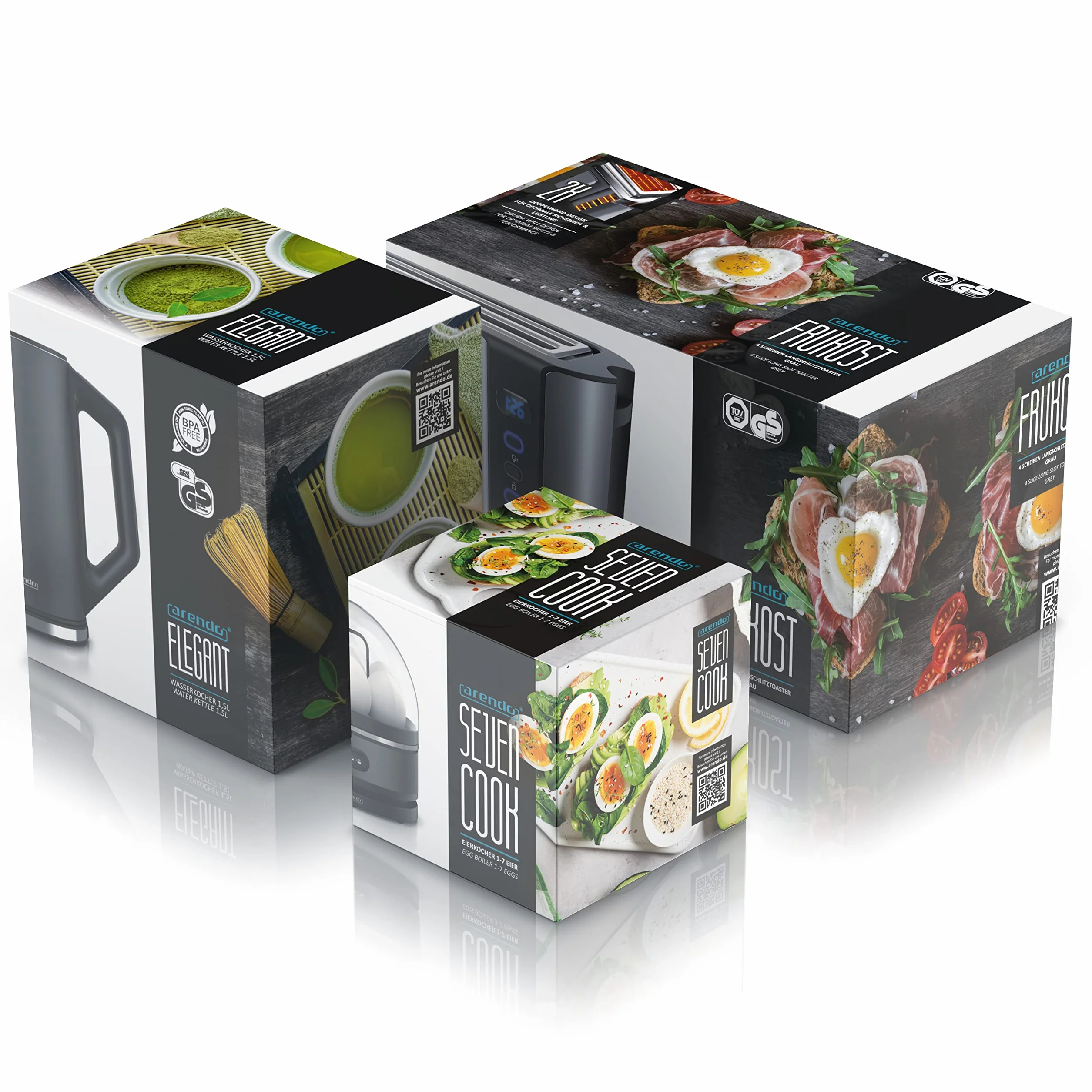 Arendo Ensemble Bouilloire Grille-Pain Cuiseur à Œufs Inox 1,5L 40°-100°C Toaster 4 Tranches LED 6 Niveaux Cool grey