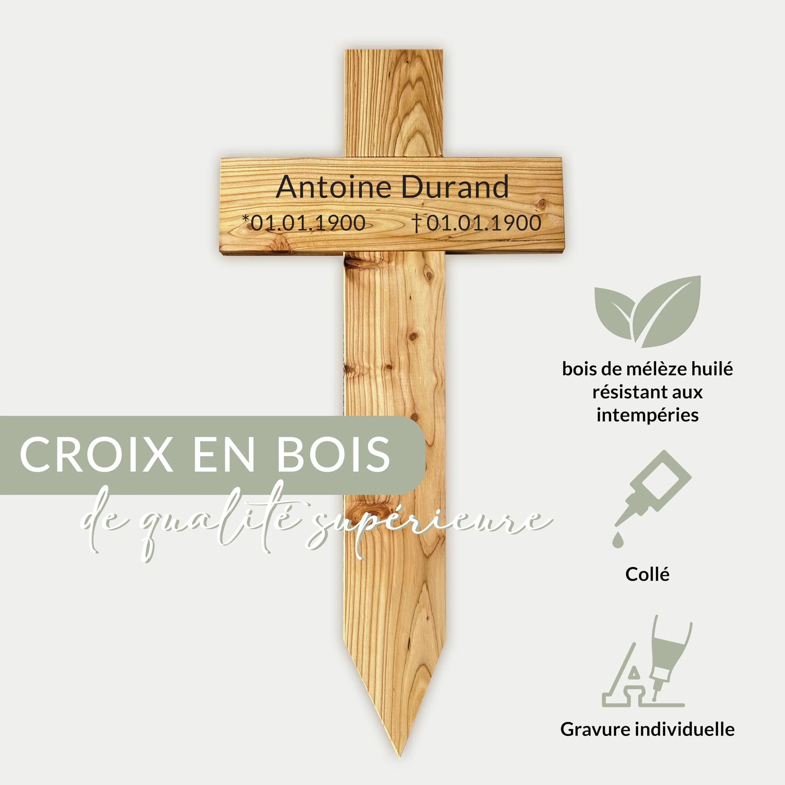 Croix funéraire XXL en bois de mélèze huilé 80 x 40 cm avec gravure laser