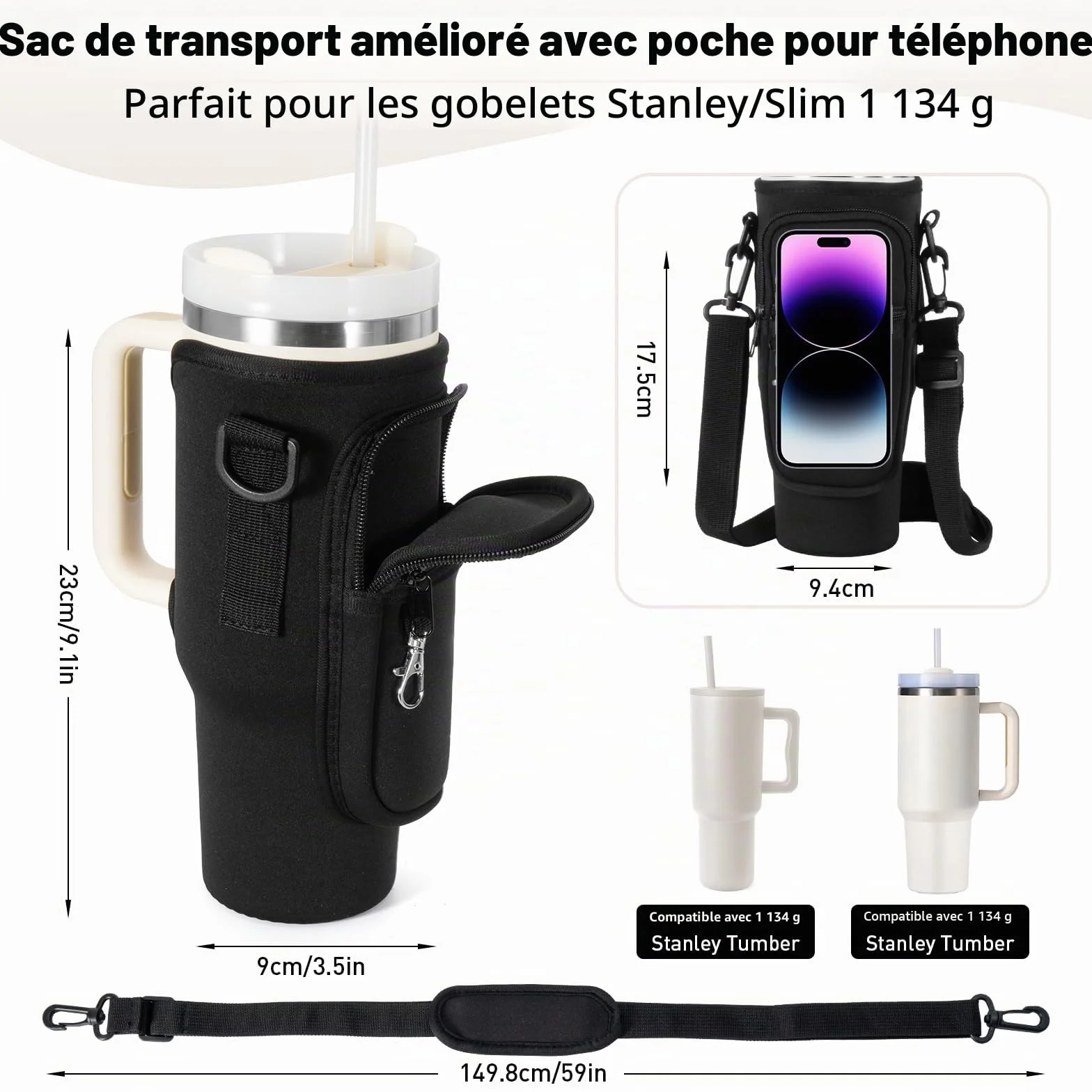 Stanley Cup Sac porte-bouteille d'eau avec sangle, accessoires paille anti-fuite et mousqueton - Noir