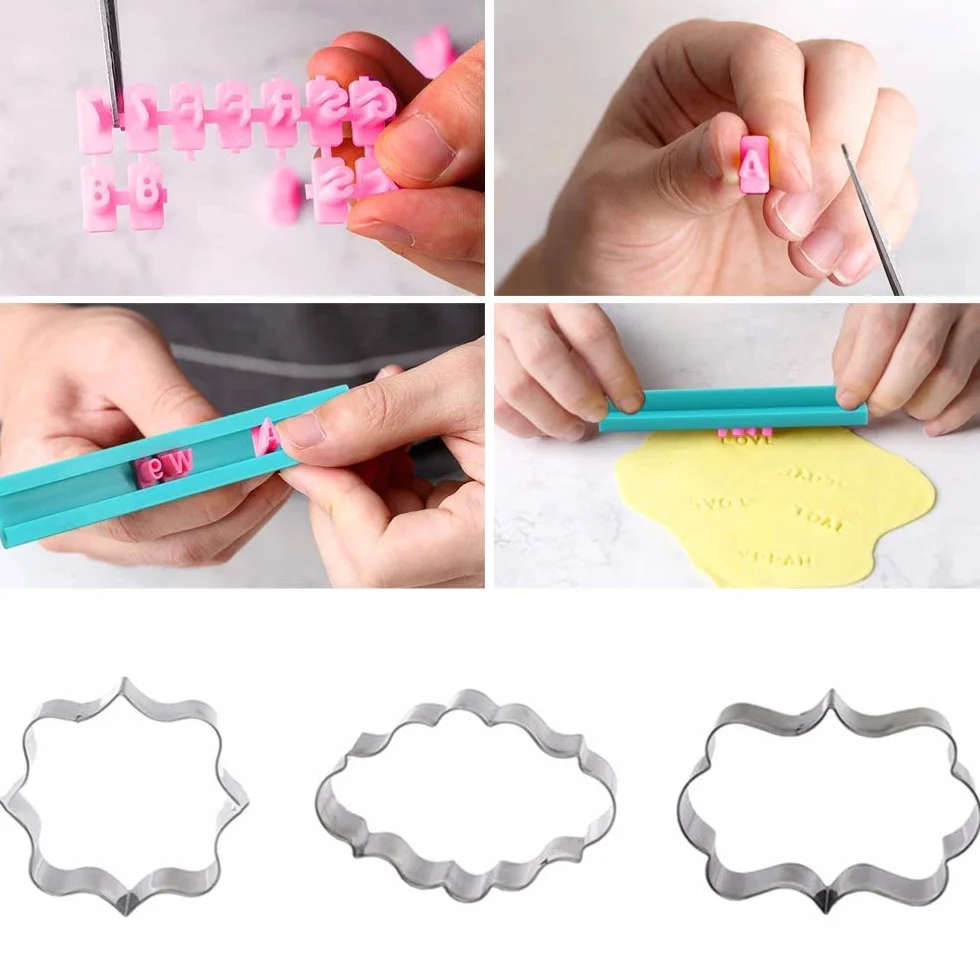 Lot de 150 tampons alphabet et 3 emporte-pièces lettres majuscules/minuscules pour biscuits gâteaux fondants
