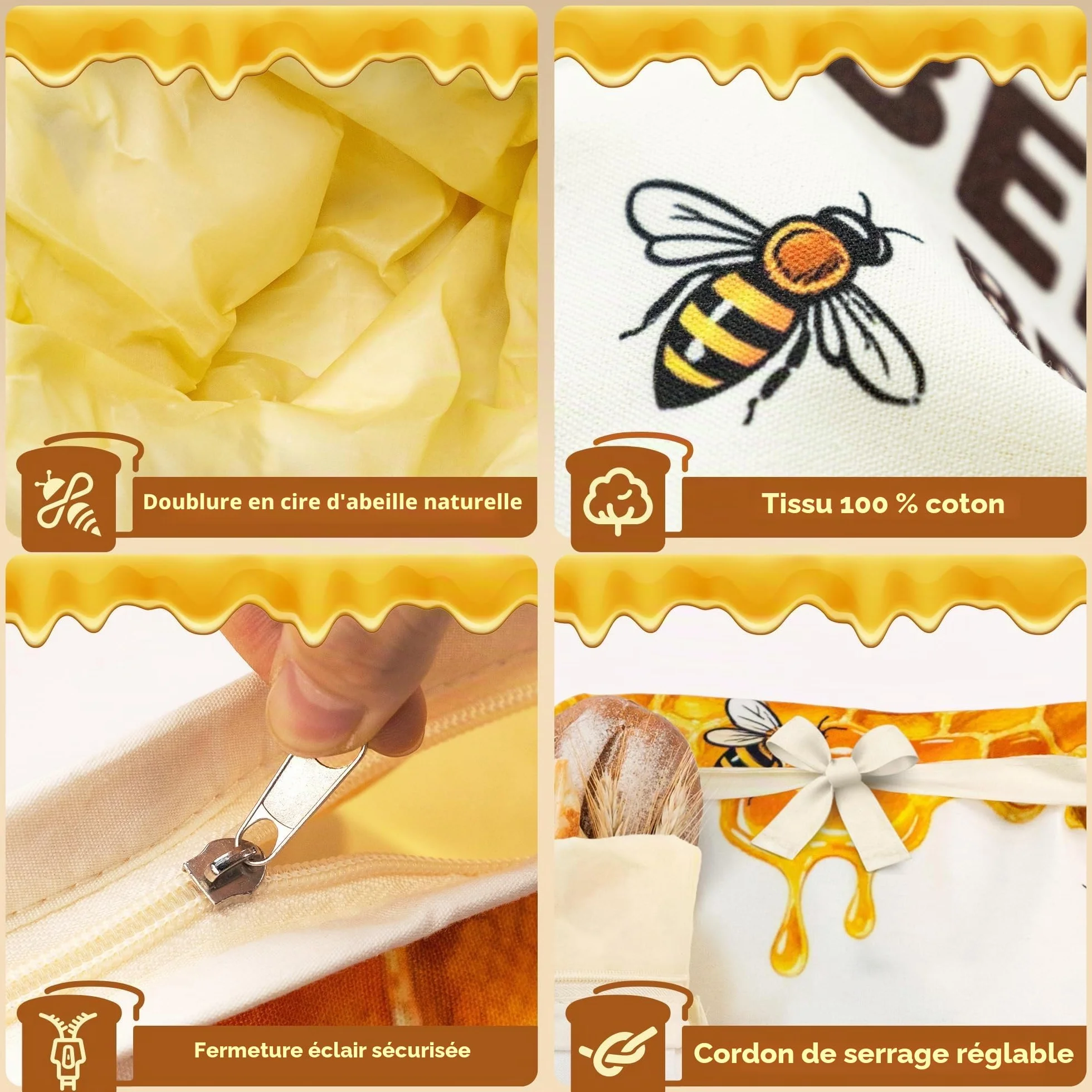 OHIYO Sacs à Pain en Cire D'abeille Réutilisables pour Conservation du Pain (2 Pièces)
