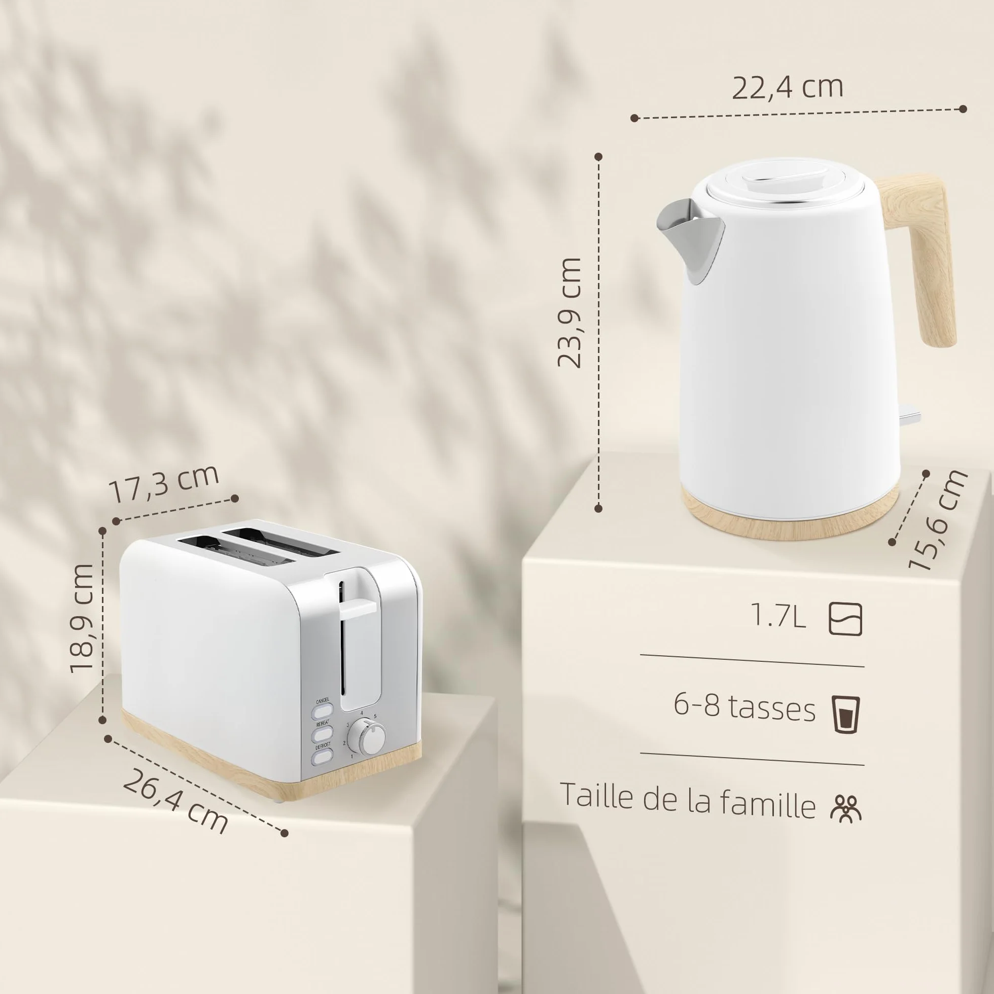 HOMCOM Bouilloire et Grille-Pain 2200W, 1,7 L Acier Inoxydable, 2 Tranches, 7 Niveaux de Brunissage, Blanc