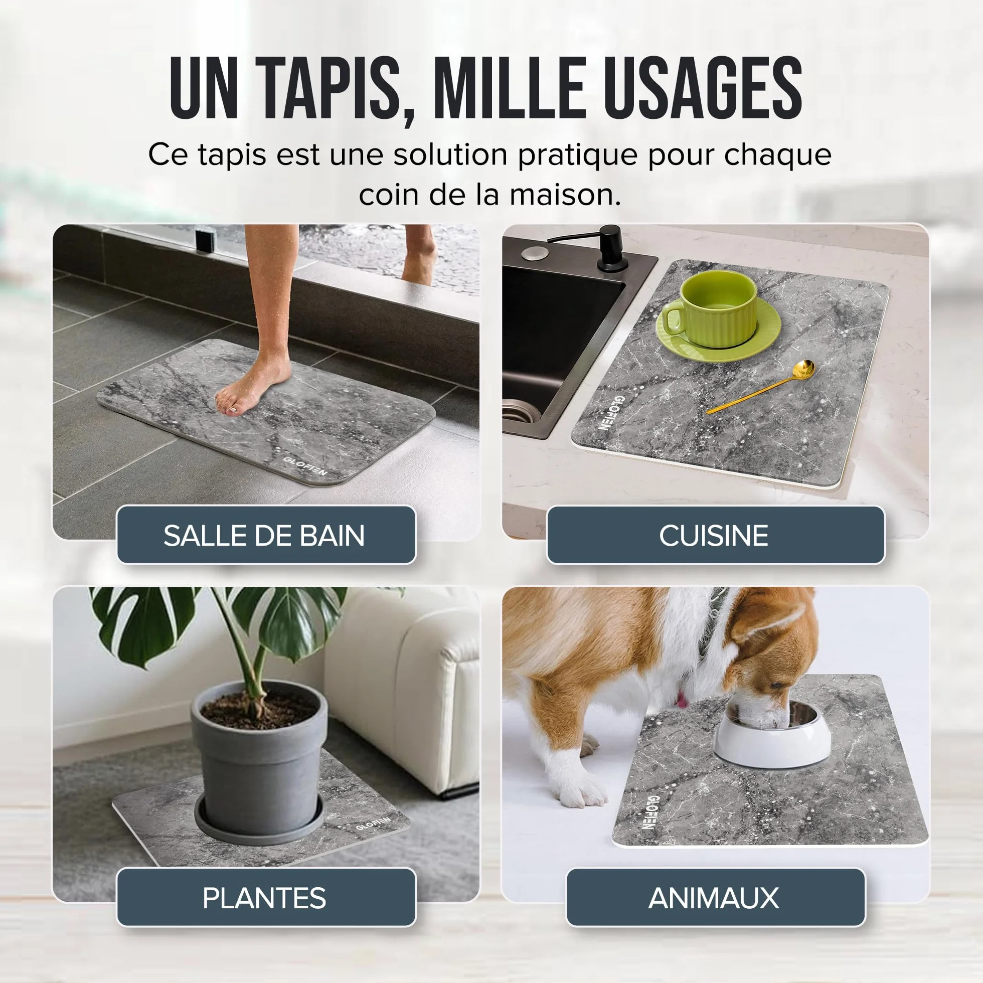 Tapis de Bain Diatomite 60x40 cm Antidérapant Ultra Absorbant Séchage Rapide
