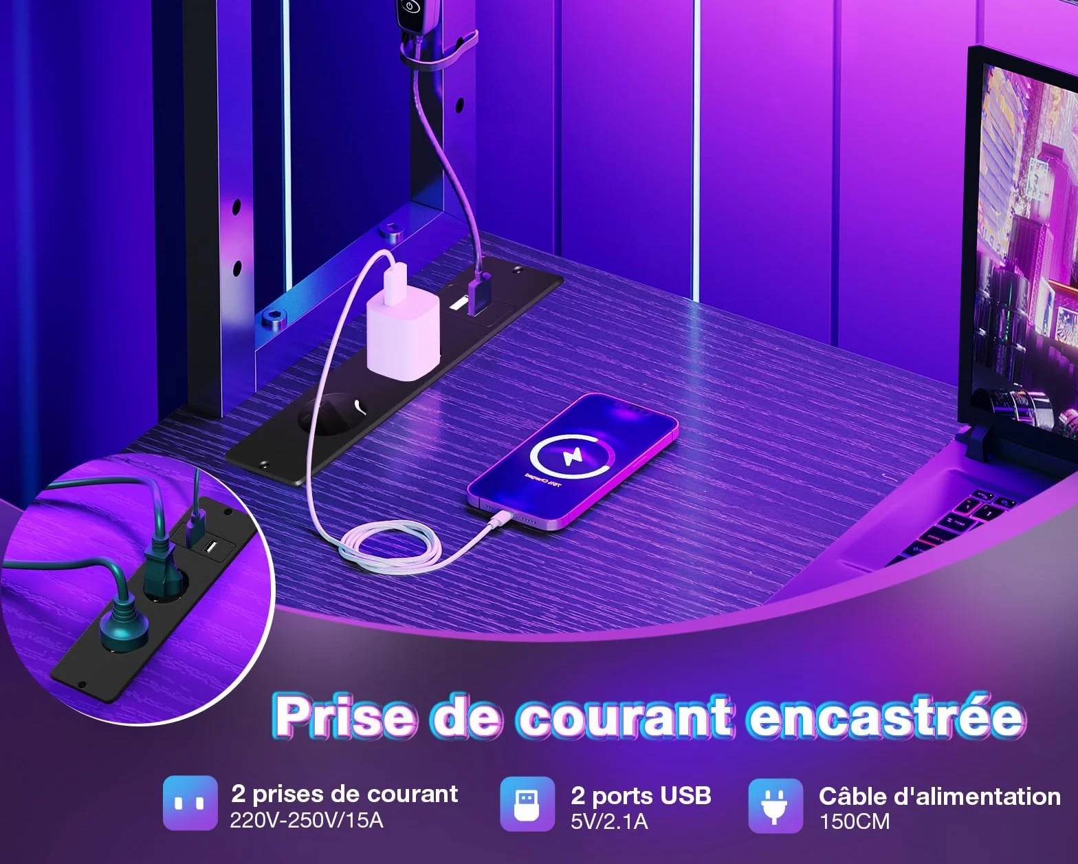 Coleshome Bureau Gaming Angle LED Prises 135x100 cm Réversible Étagères Table en L Sac Rangement Crochet Noir