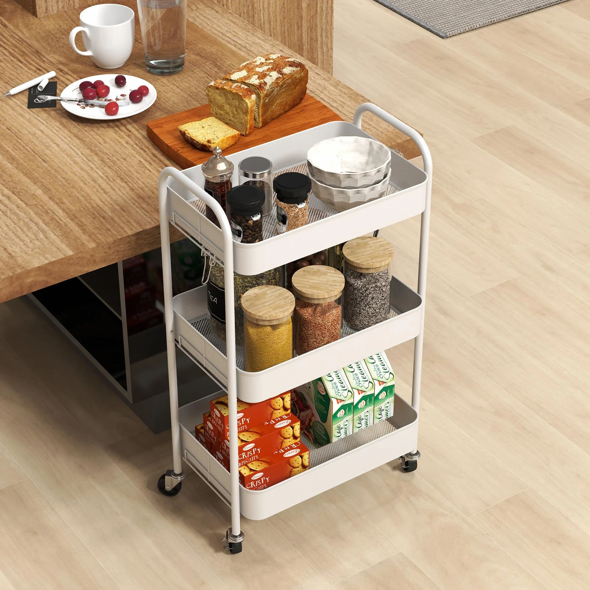 HOMCOM Chariot de Rangement en Acier 3 Niveaux Plateaux ajourés 45 x 30,6 x 79 cm Blanc