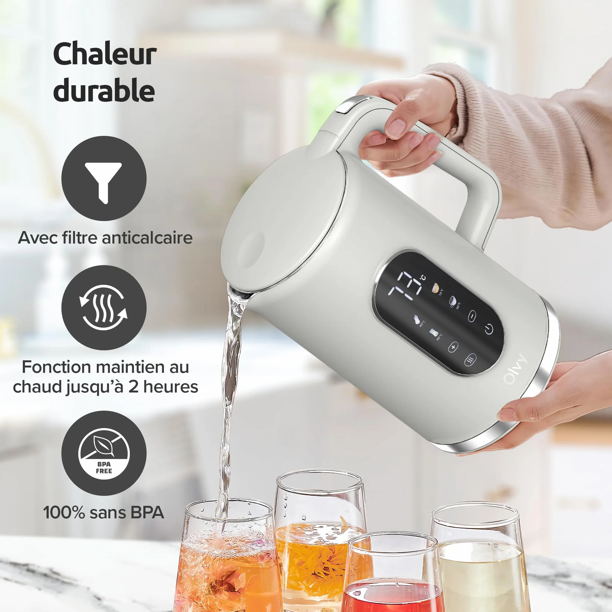 Olvy Bouilloire Électrique 1,7L Inox 2200W Double Paroi Maintien au Chaud