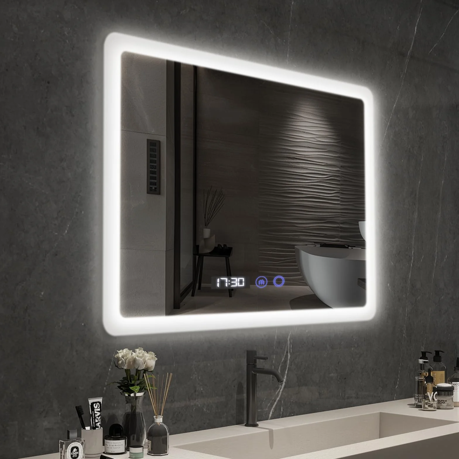 YOURLITE Miroir Salle de Bain LED 80x60 cm Dimmable 3 Couleurs Antibuée Affichage Horloge Température IP44 Blanc