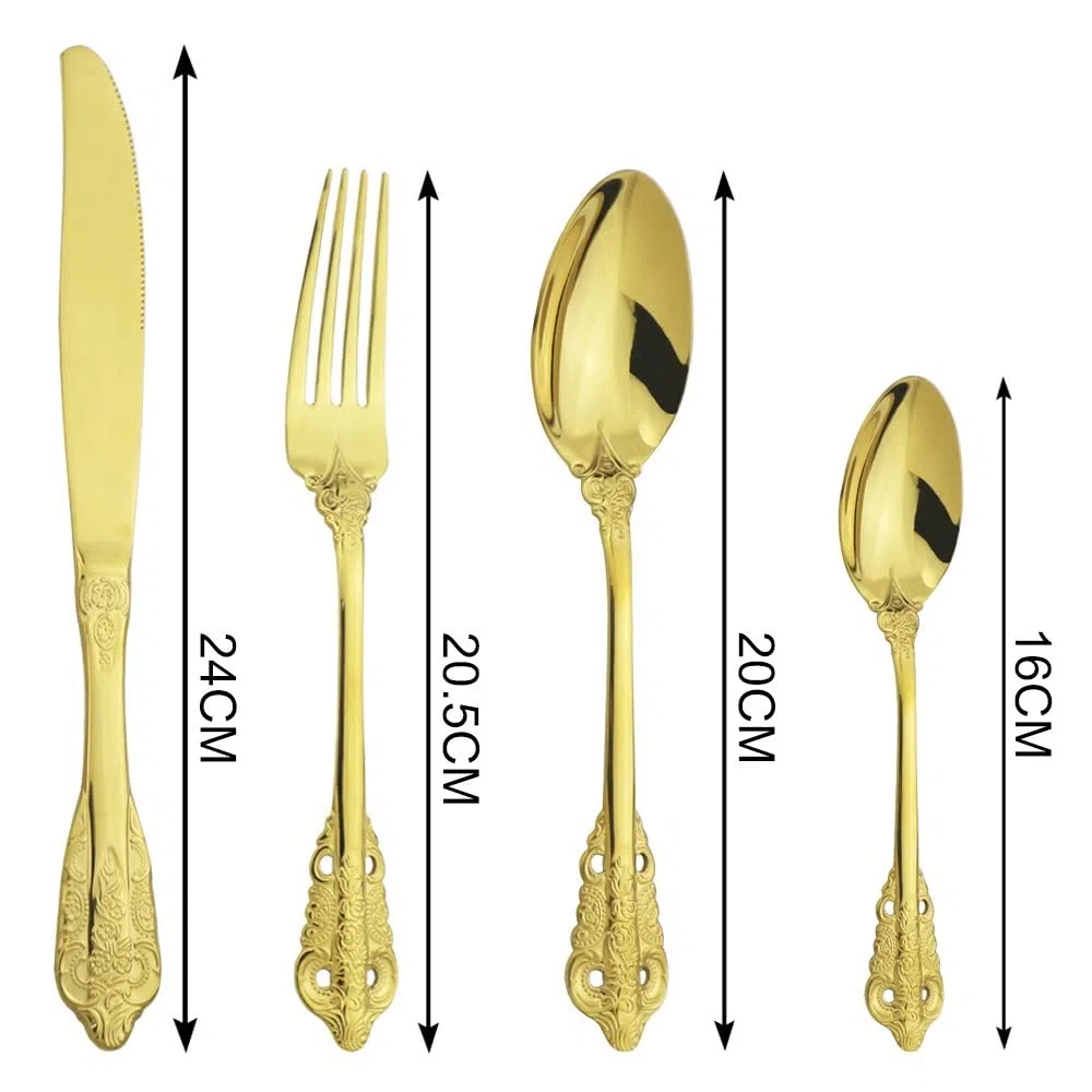 Ensemble de couverts en argenterie, ensemble 24 pièces acier inoxydable 304, vaisselle, couteaux, fourchettes, cuillères, cuisine, or