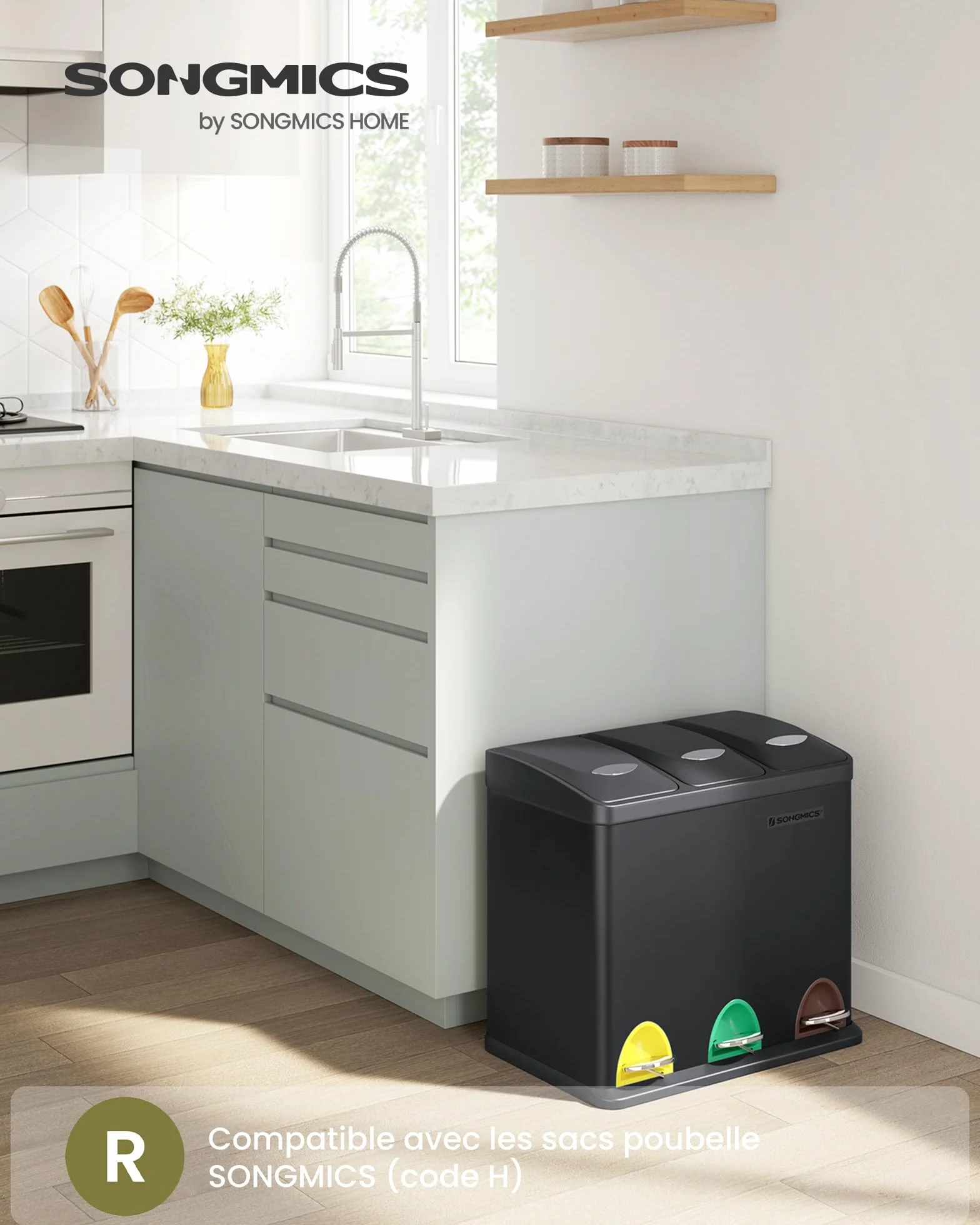 SONGMICS Poubelle Cuisine Tri 3x8L Acier Noir LTB24BK