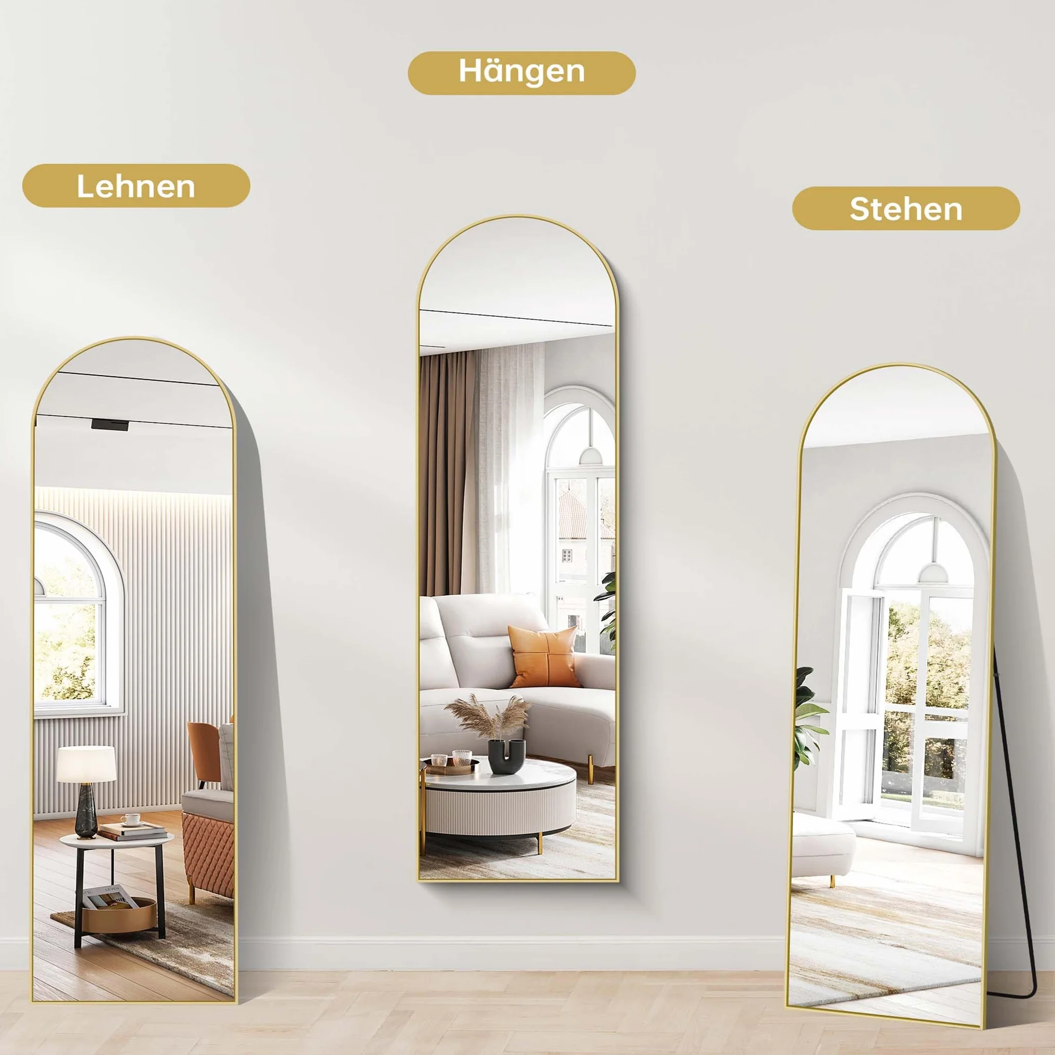 Miroir Arqué Pleine Longueur 150 x 40 cm, Pied Penché ou Suspendu, Cadre Métal Doré, Anti-déflagrante, Pour Salon Chambre