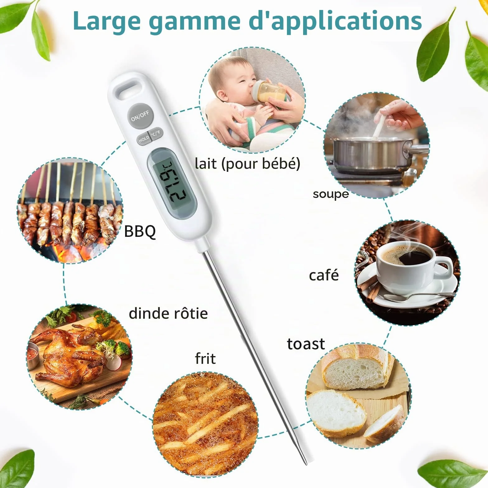 HORJOR Thermomètre de Cuisson Digital 141mm Sonde pour Barbecue Viande Patisserie