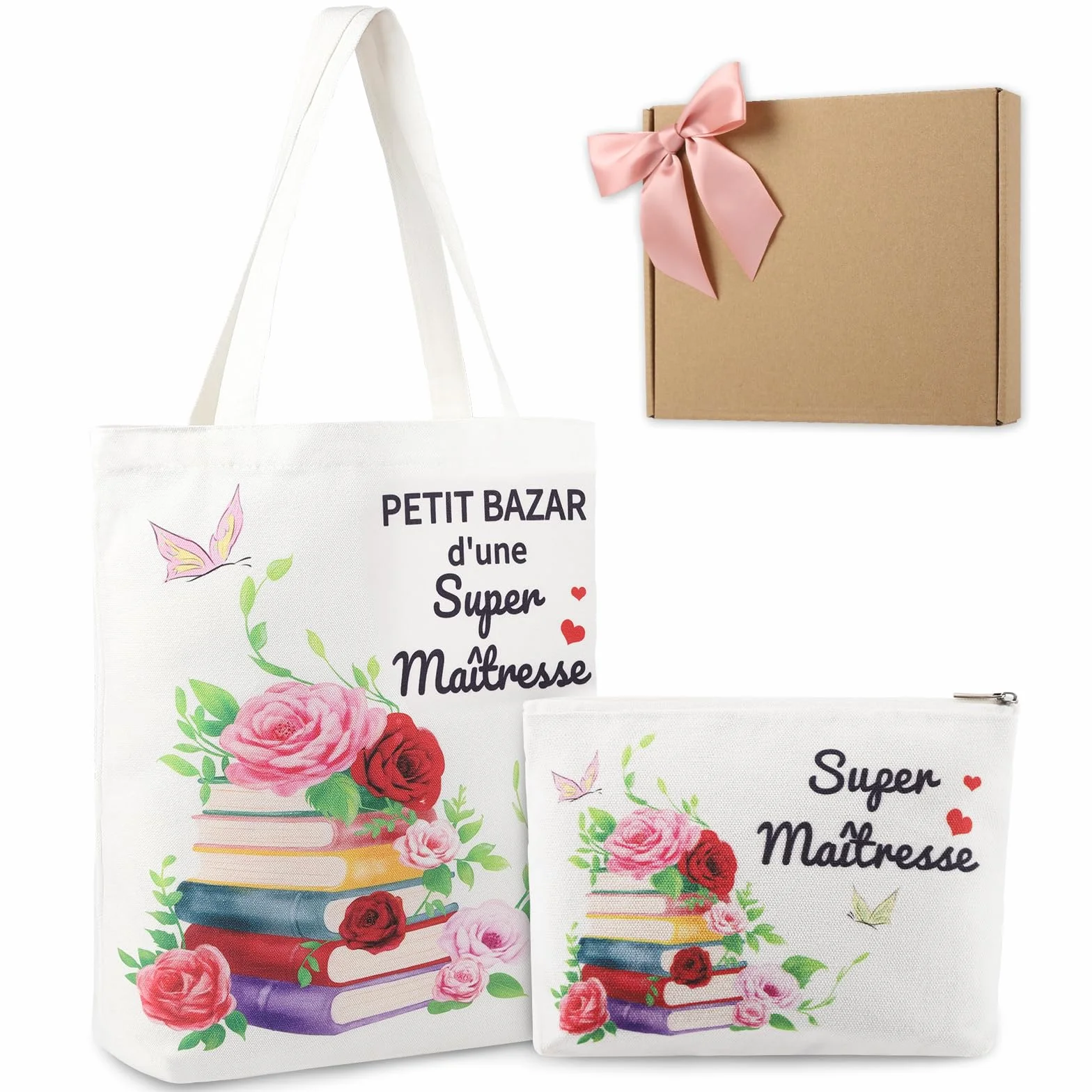 Cadeau Maîtresse d'École Fin d'Année avec Tote Bag Sac de Papeterie Boîte Cadeau Personnalisé