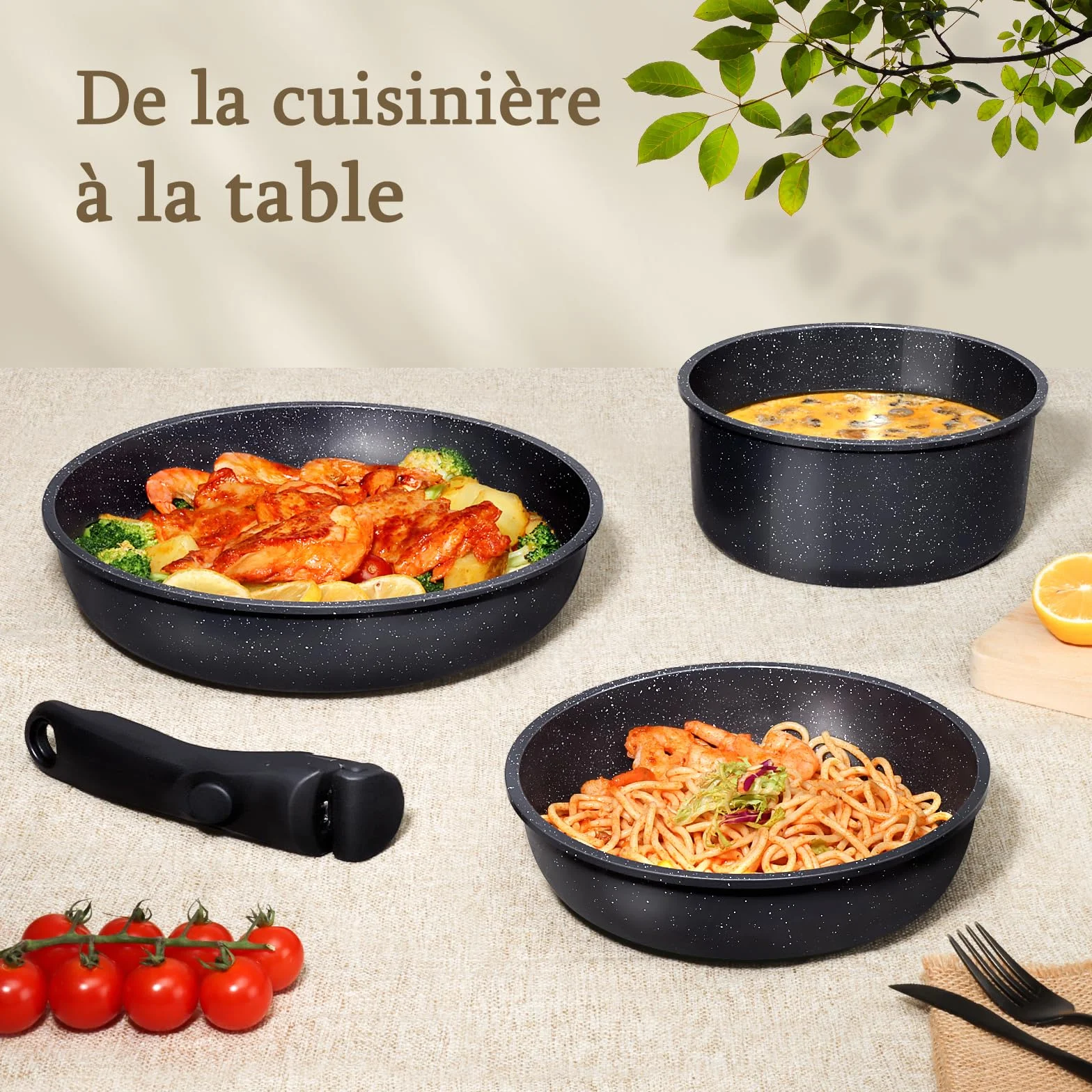 GiPP Poêles et Casseroles Antiadhésives Granit 21PCS Amovible Tous Feux Noir