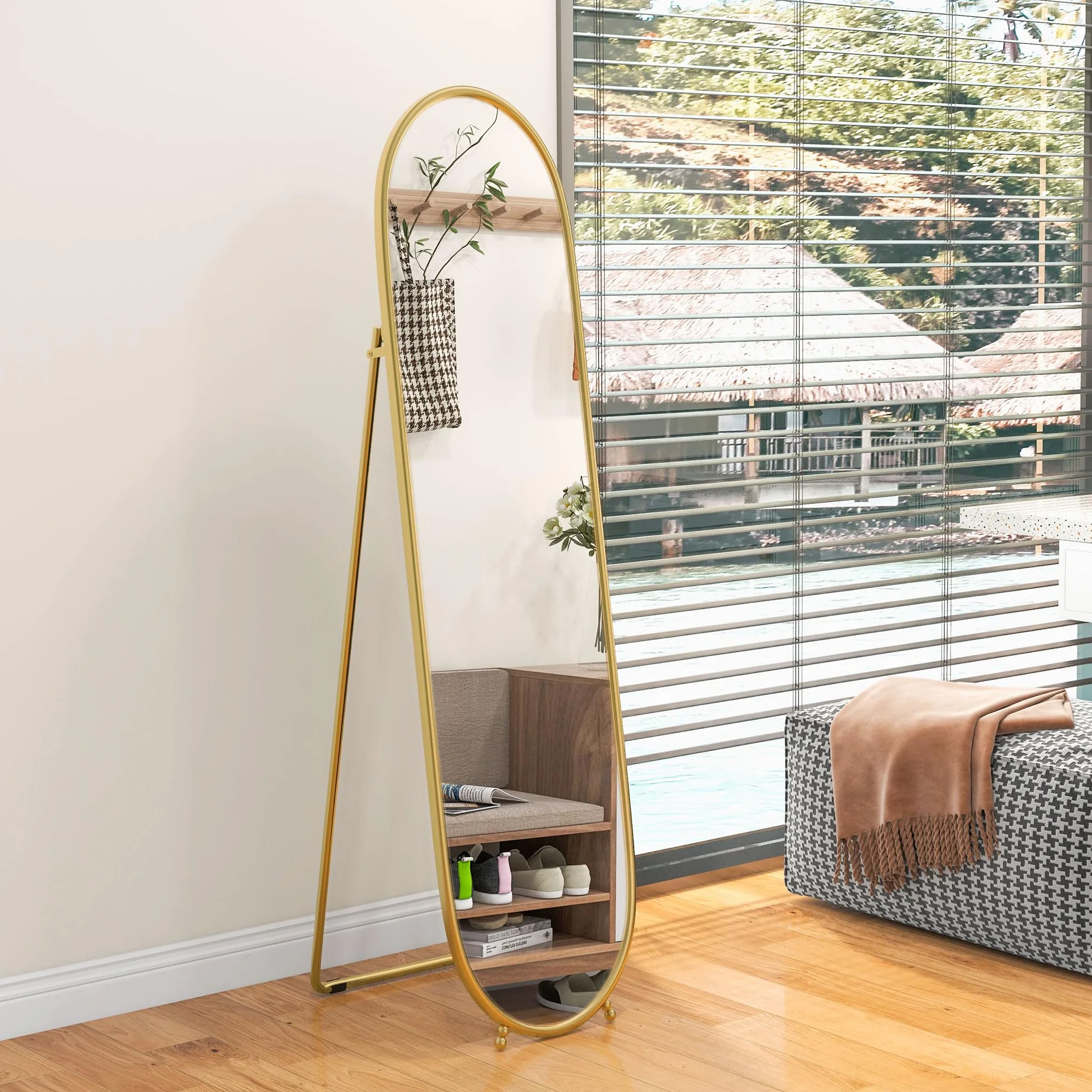 HOMCOM Grand Miroir sur Pied Ovale Cadre en métal doré 40 x 160 cm