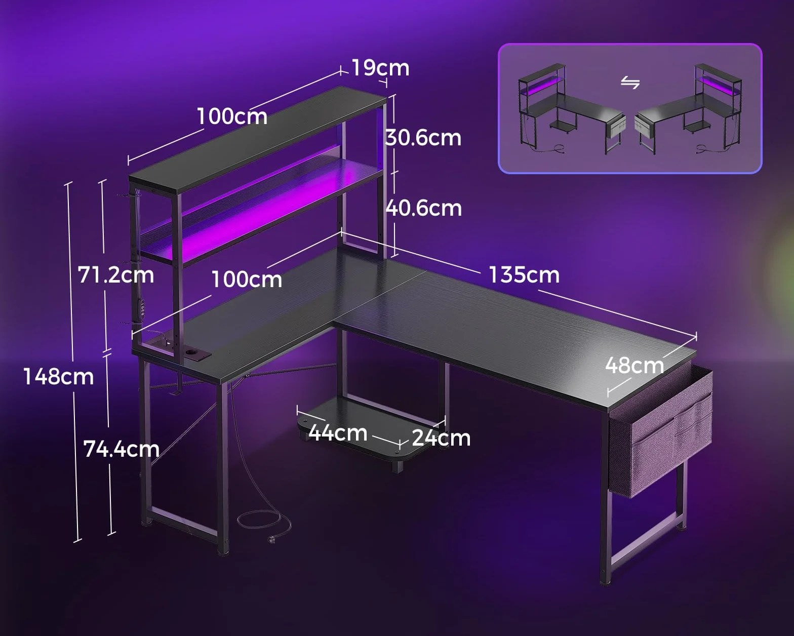 Coleshome Bureau Gaming Angle LED Prises 135x100 cm Réversible Étagères Table en L Sac Rangement Crochet Noir