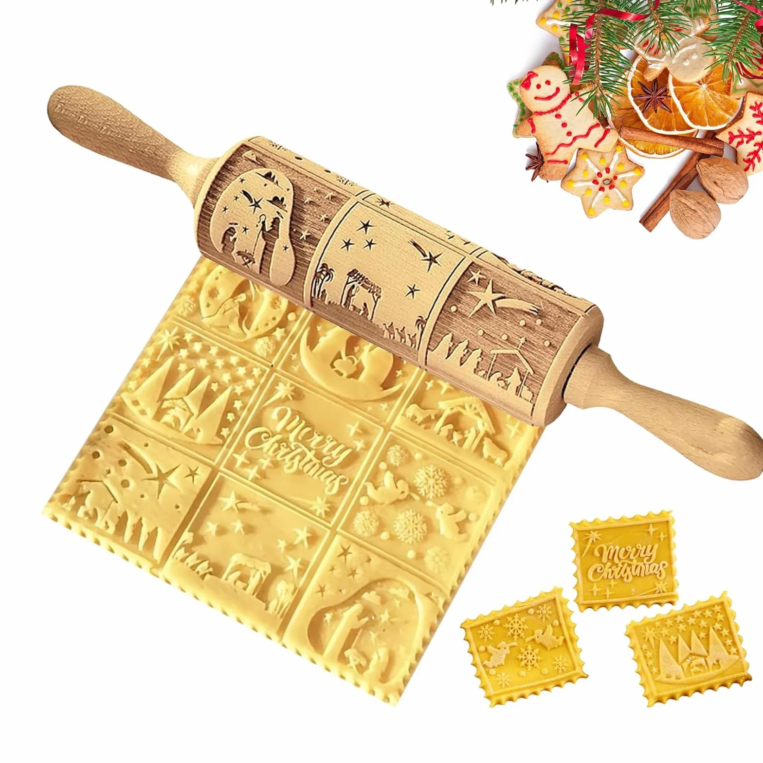 Rouleau à pâtisserie en bois 3D 35 cm motif fleurs de Noël