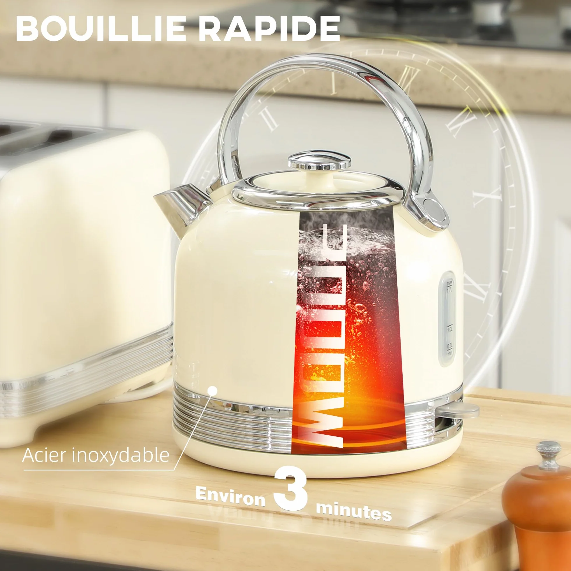 HOMCOM Ensemble bouilloire et grille-pain 2200 W, bouilloire inox 1,7 L, grille-pain 4 tranches, 7 niveaux brunissage, crème
