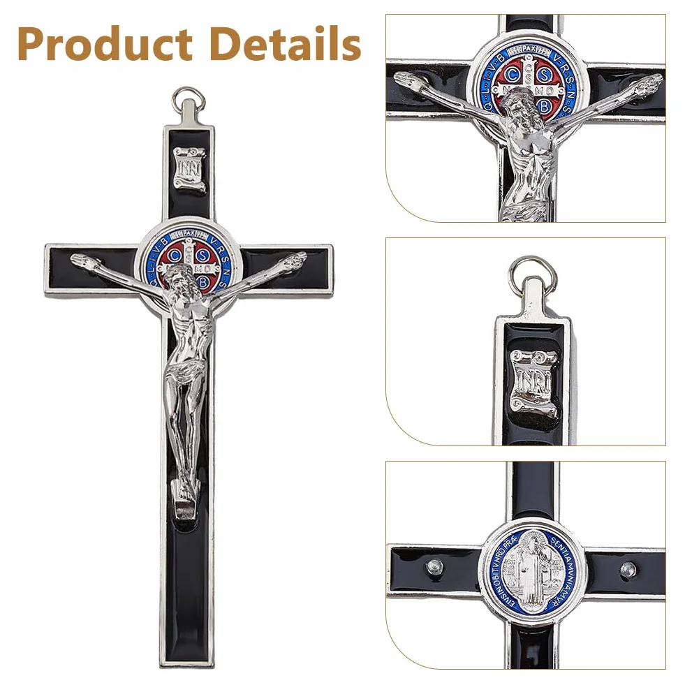 DICOSMETIC Petite croix murale en alliage Saint Benoît Émail noir Crucifix Jésus-Christ 19,2 x 9,8 cm