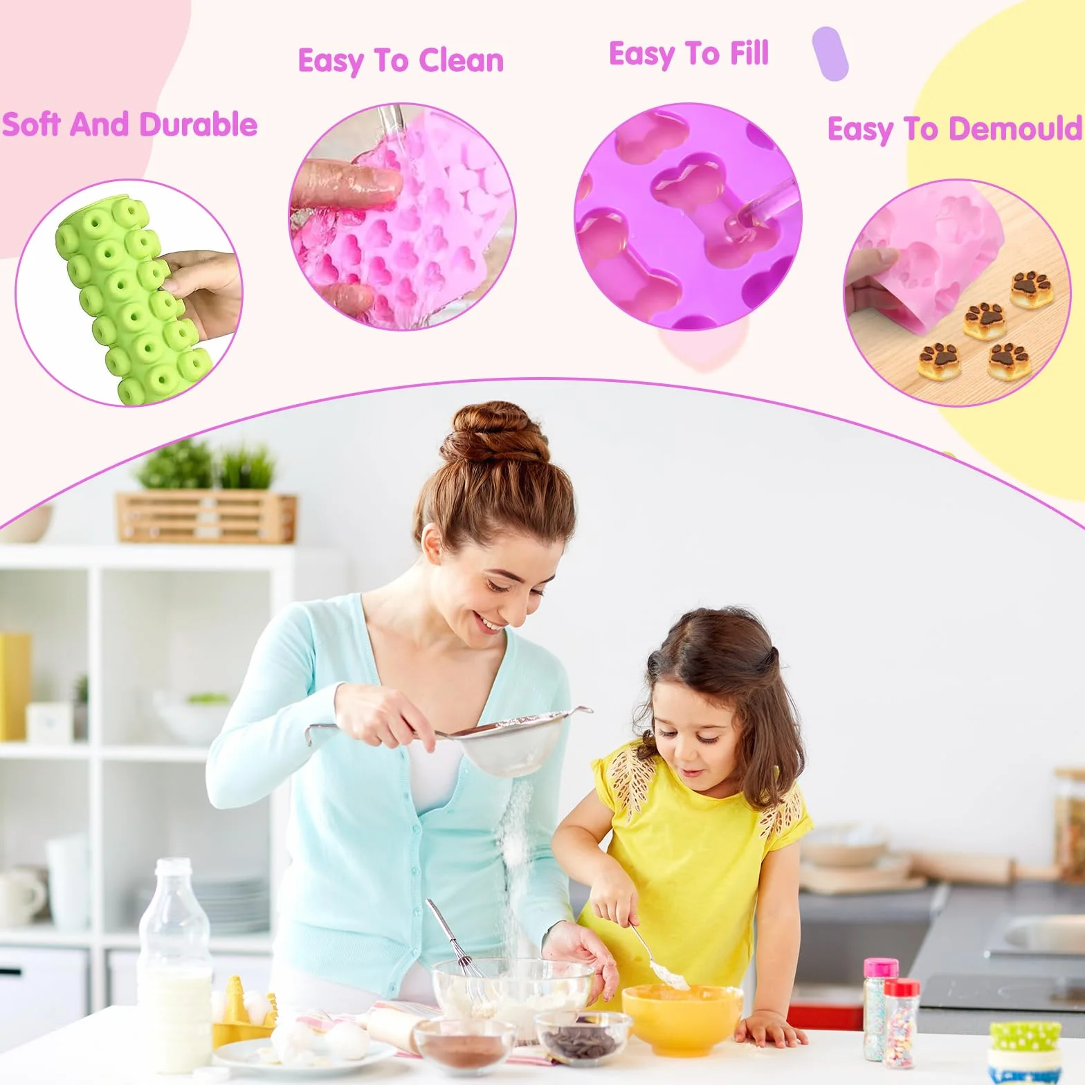 Tapis de Cuisson en Silicone Antiadhésif pour Friandises Maison Chien, Moule à Pepites Chocolat, avec Racloir et Pinceau Pâtisserie